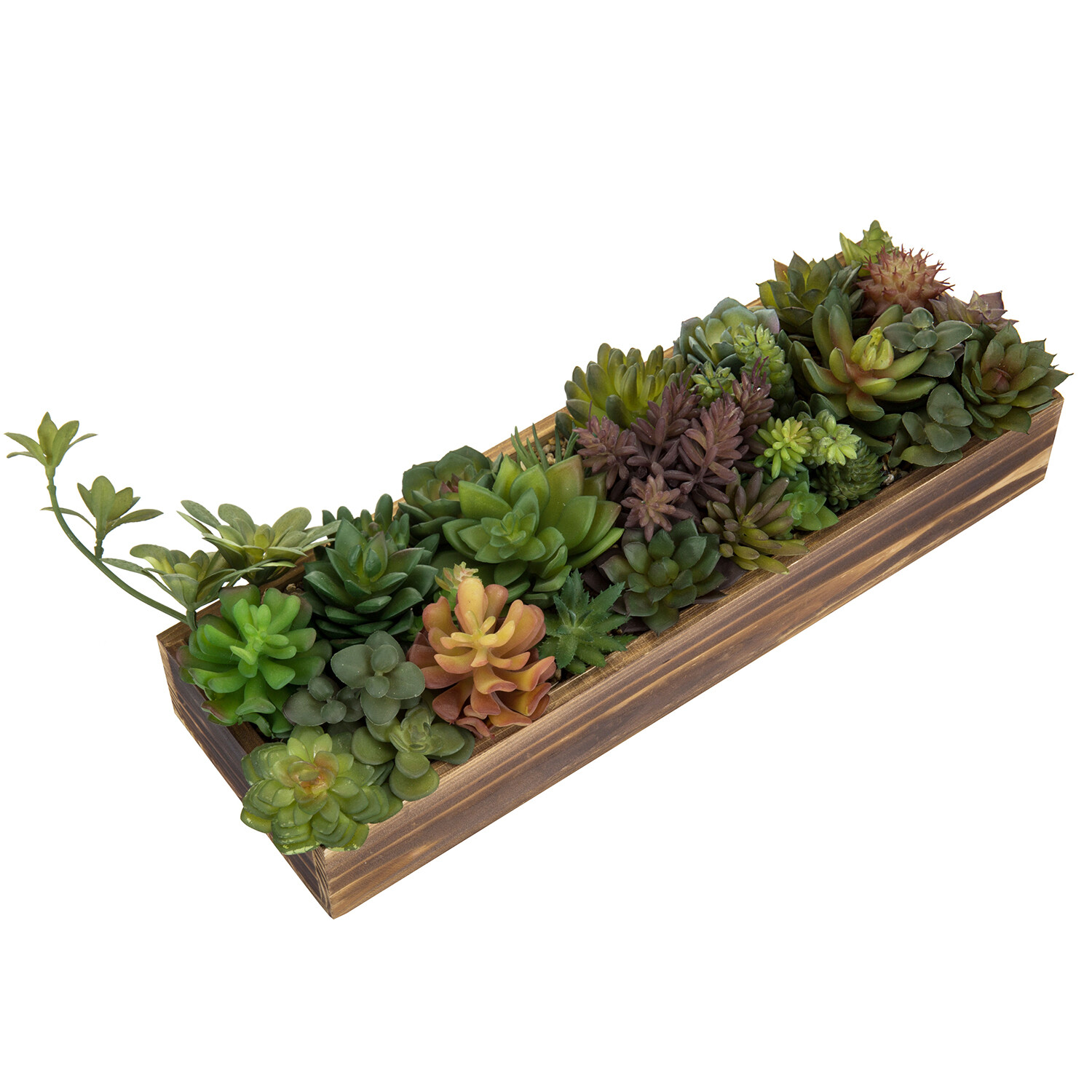 MyGift Faux Assorted Succulent Plant Arrangement in Rustic Brown Wood Planter