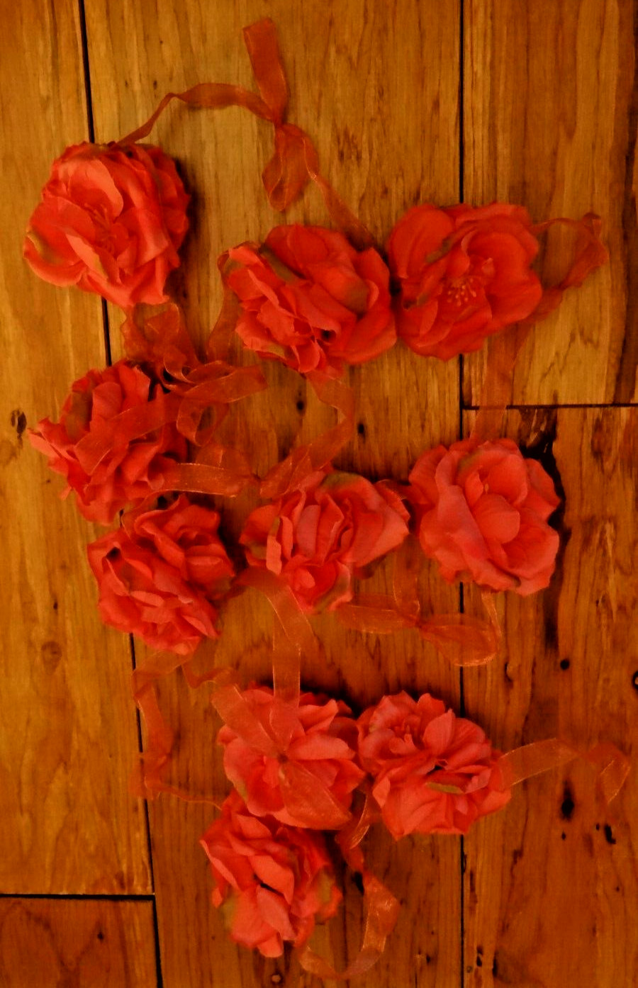Pink Silk Rose Floral Garland Attached To Pink Organza Ribbon