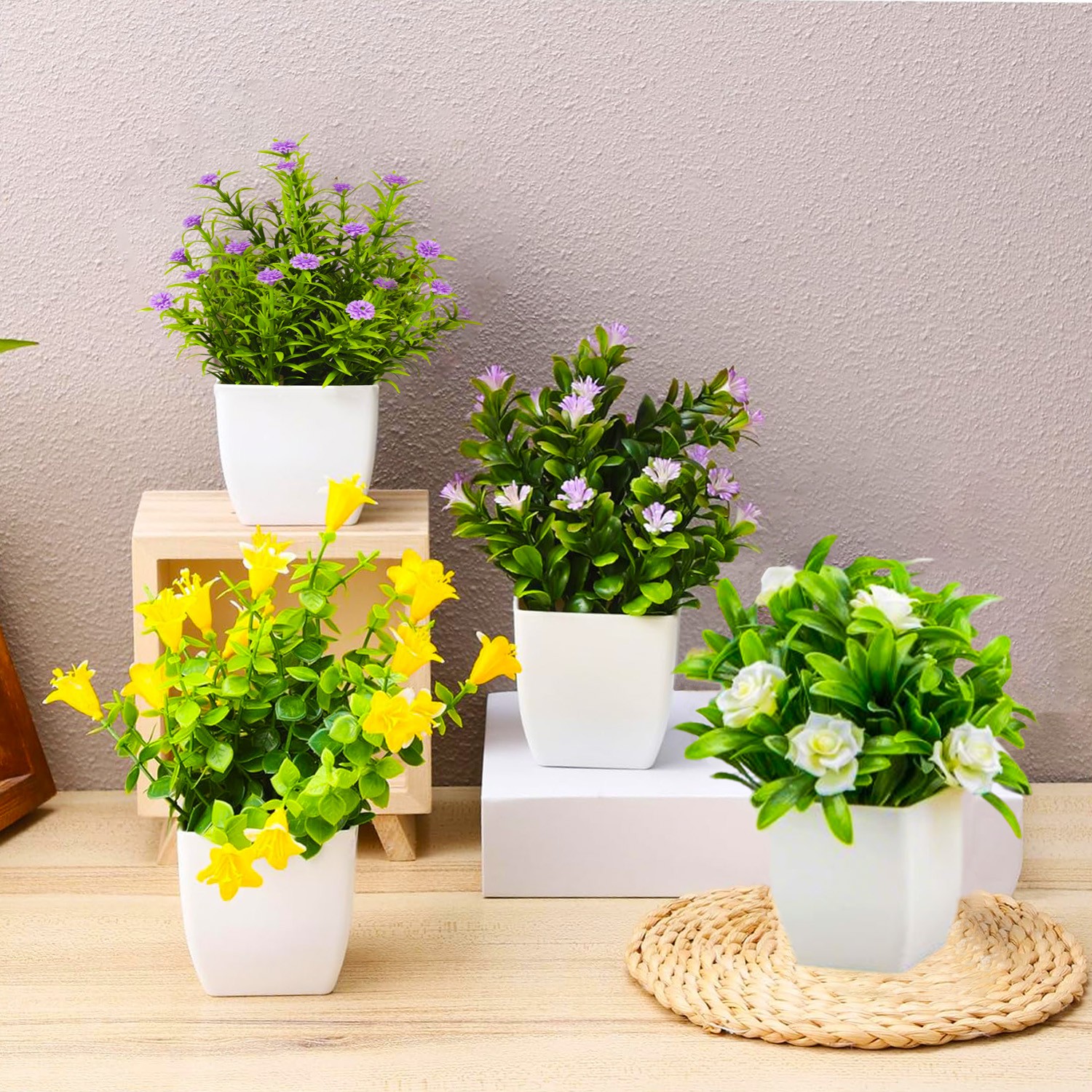 4 Pack Fake Plants Small Artificial Potted Faux Plants with Flowers Office Decor