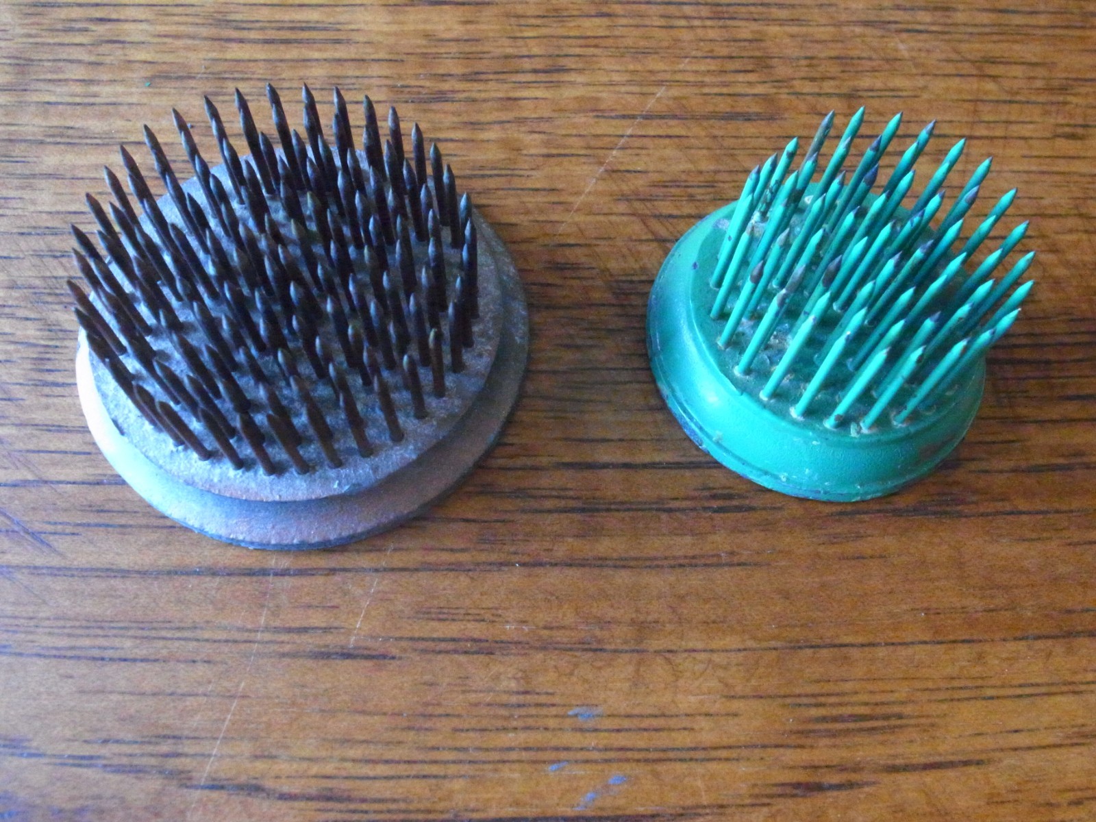 2 Vintage Spiky Green Metal Flower Frogs-Perfect Ephemera Display Stands!