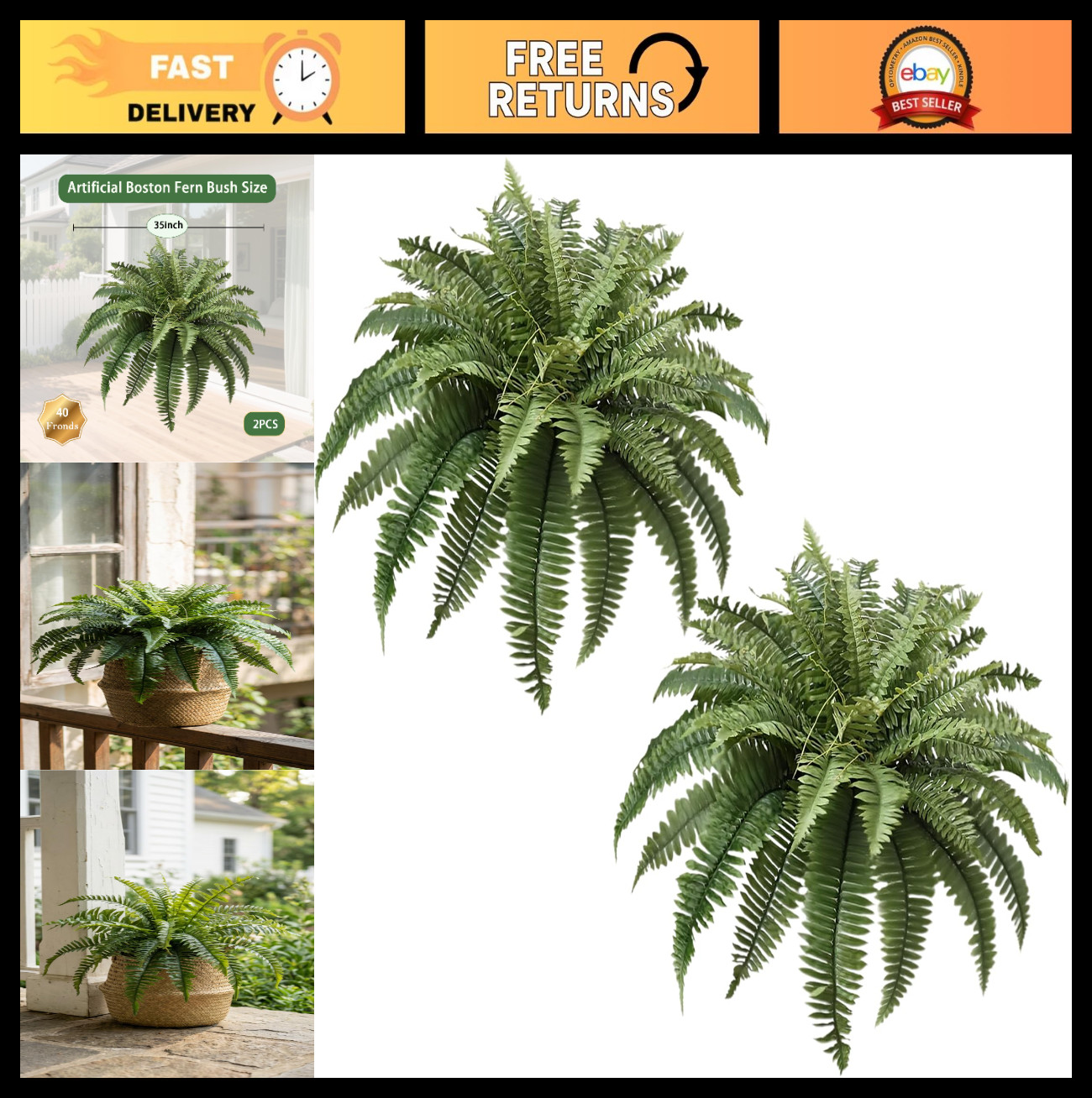 Large Artificial Hanging Ferns – 35in Silk Green Plants for Home Garden Decor (P