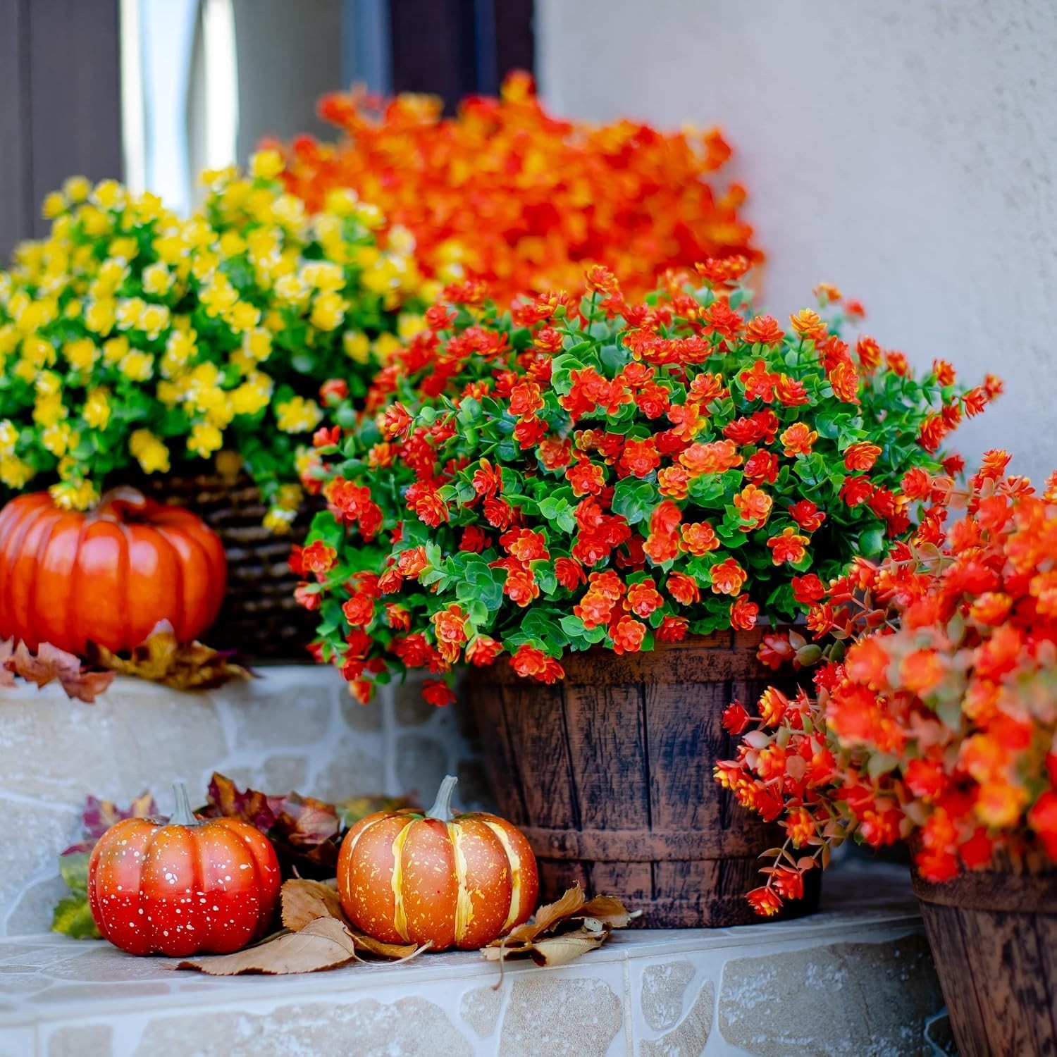 Lifelike Red-Orange Silk Fall Mums – Perfect for Outdoor Autumn Decor, 12 Count