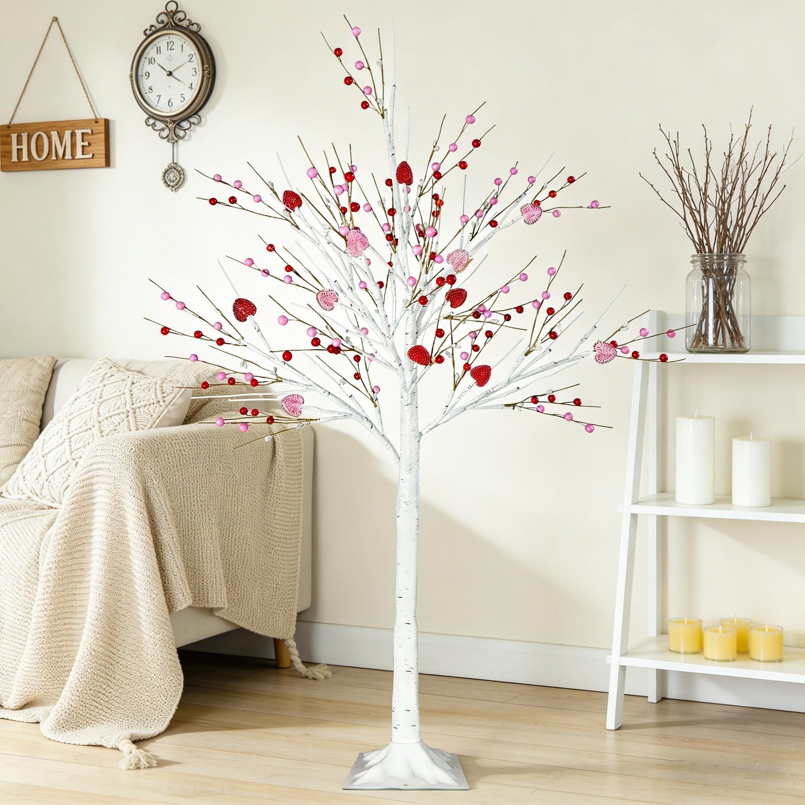 2 PCS 4 FT Lighted Birch Tree 48 LED Heart Berry Ornaments Red Pink Lights