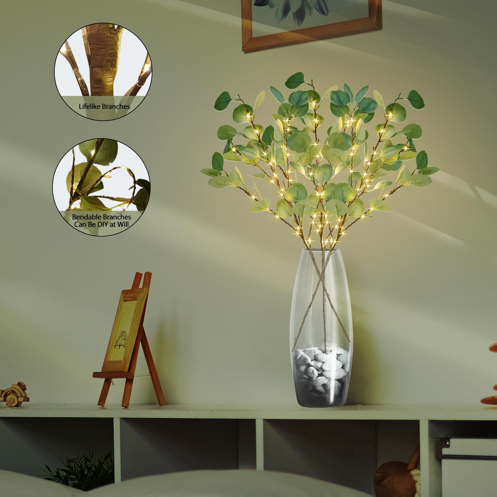 Lighted Artificial Eucalyptus Branches with Timer, Light Up Eucalyptus Branch…