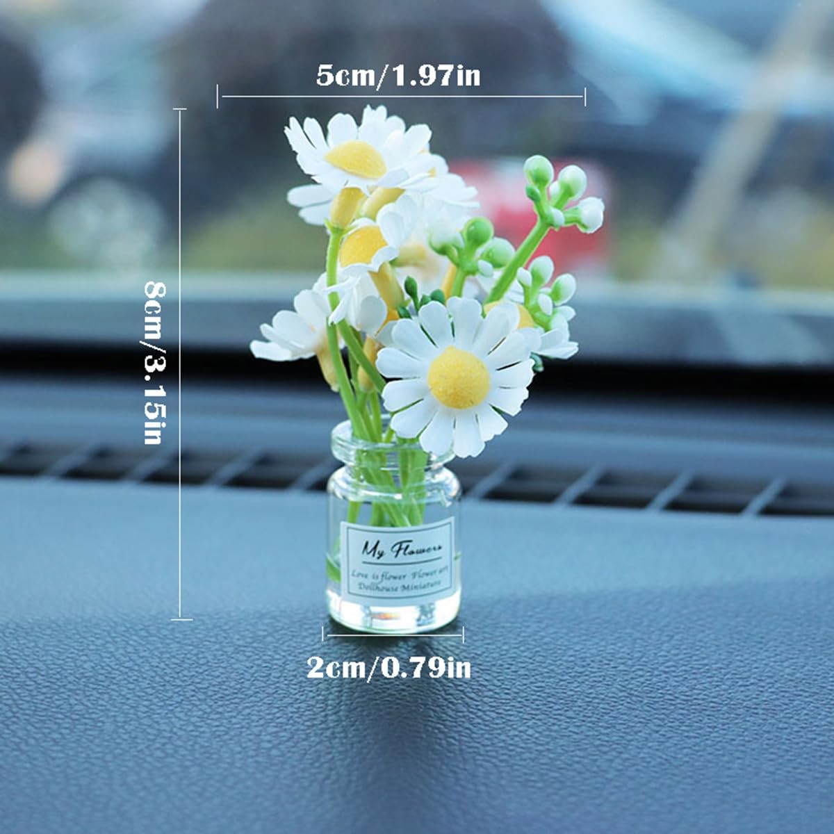 Set of 3 Mini Daisy Flowers in Glass Vase Cute Car Accessories for Rear View