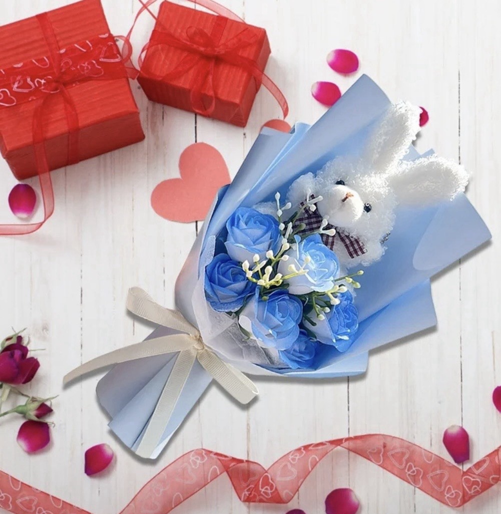 Bunny Bouquet,Stuffed Animal with Artificial Rose Flower Bouquet- Blue NEW