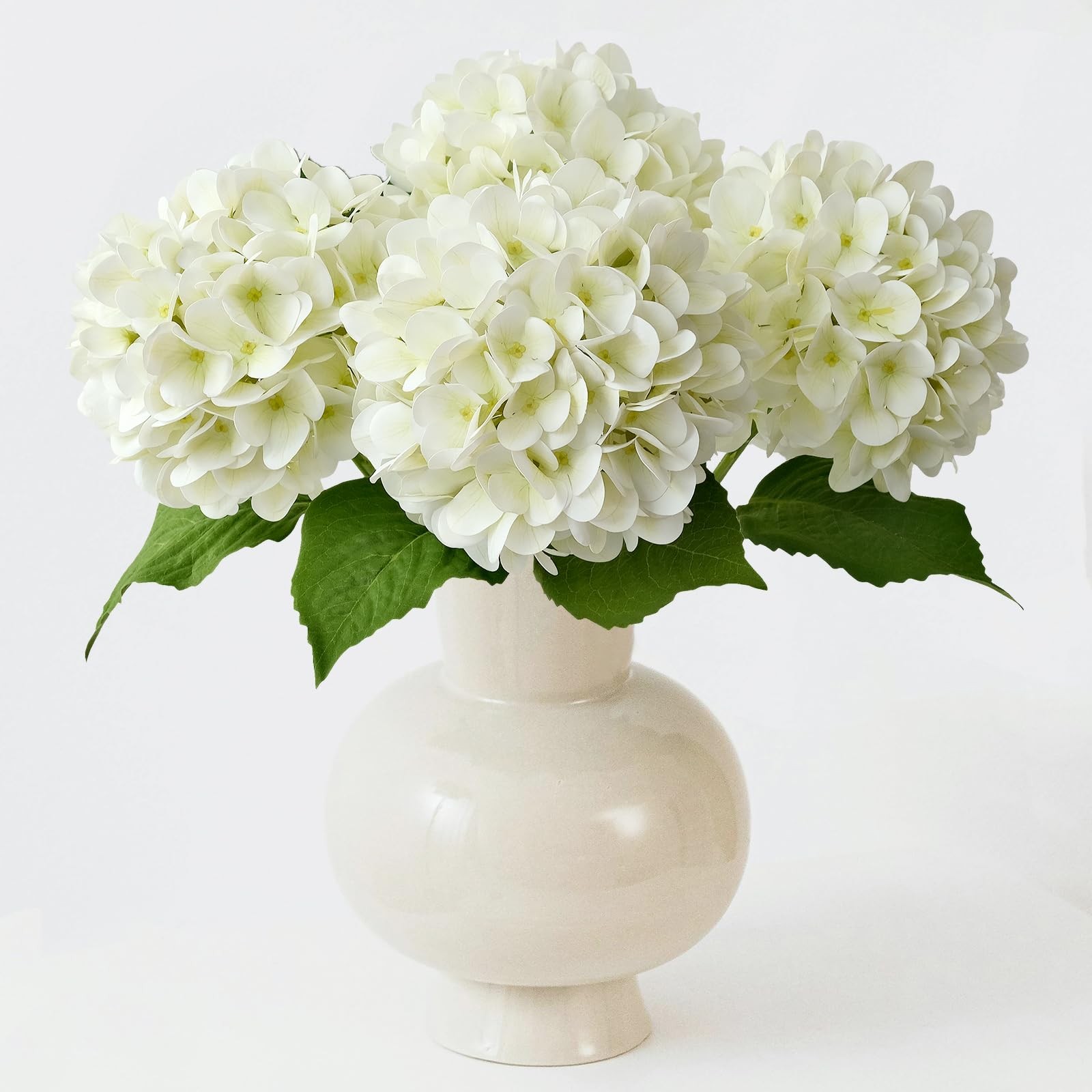 White Silk Hydrangea Artificial Flowers Large Heads With Long Stems Green Leaves