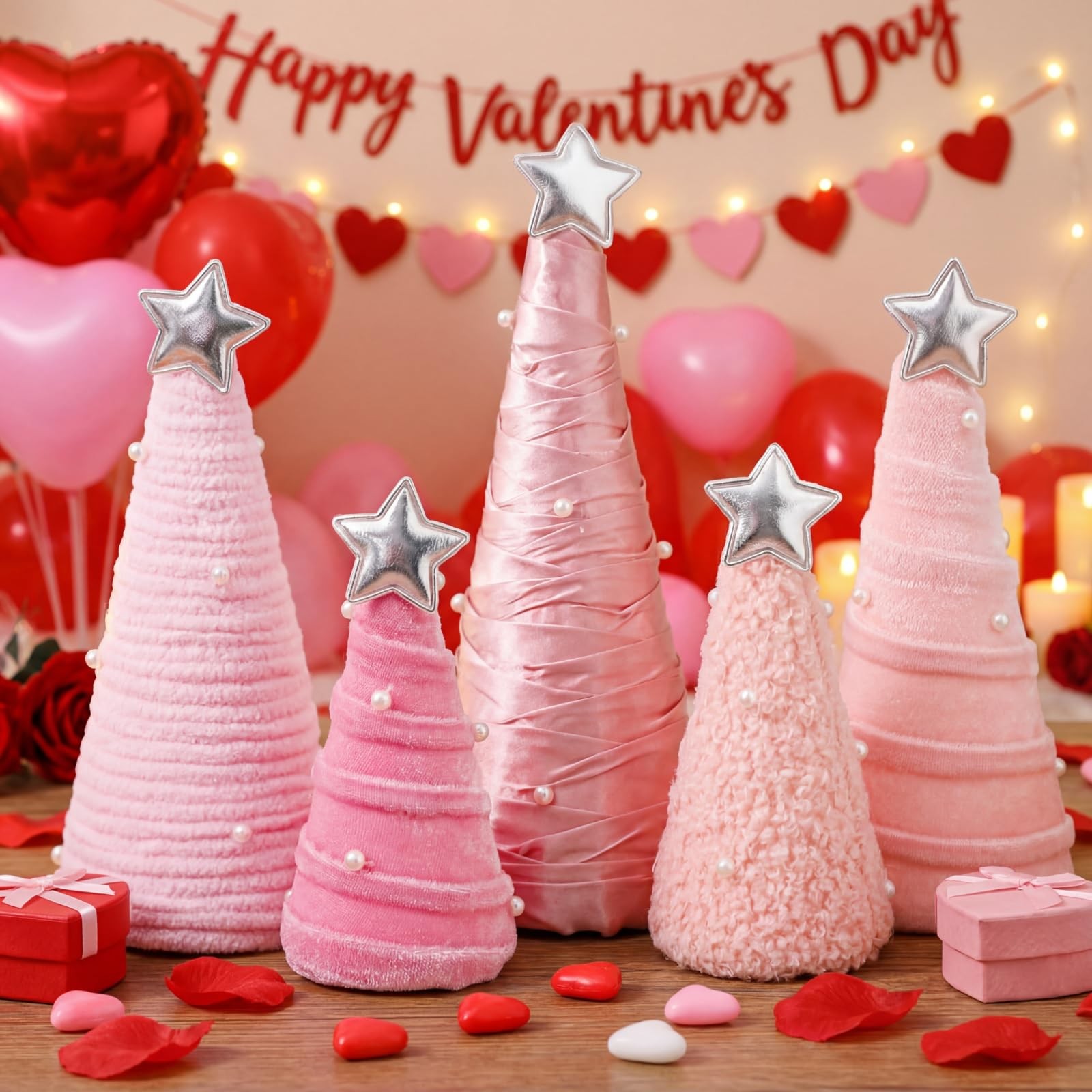 5 PCS Pink Valentines Day Table Decorations Cone Yarn Tree Velvet Wool Plush