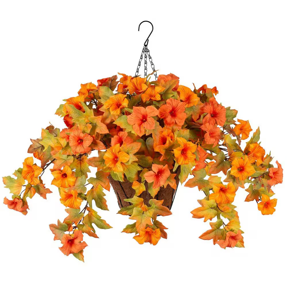 25 In. Orange Yellow Indoor/Outdoor Hanging Artificial Petunia Flowers in Brown