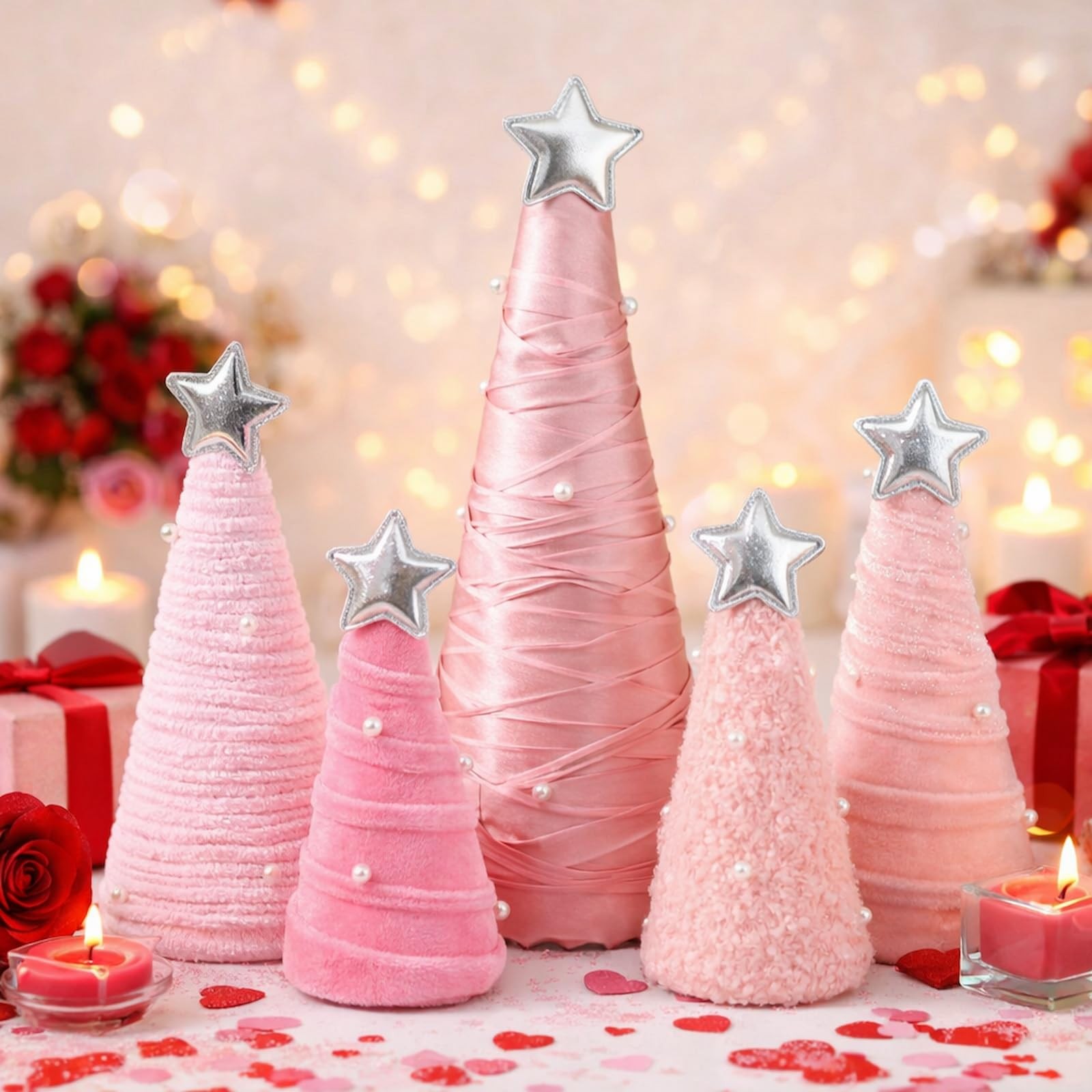 5 PCS Pink Valentines Day Table Decorations Cone Yarn Tree Velvet Wool Plush