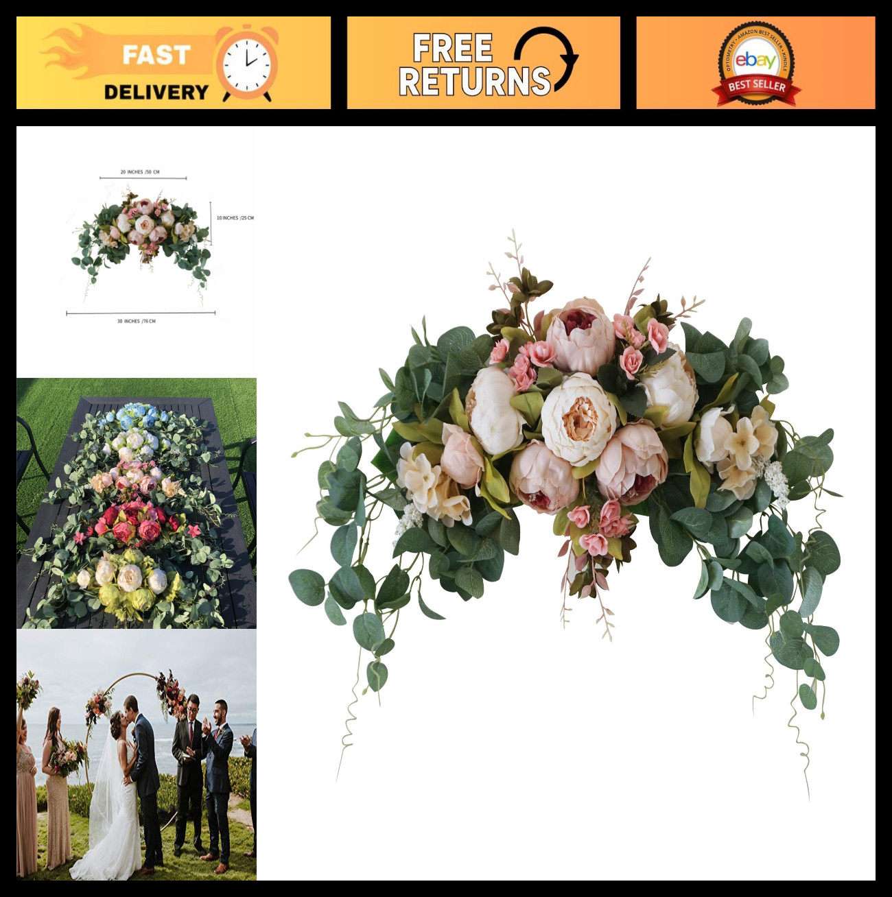 Rustic Wedding Arch Flowers – 30″ Artificial Floral Swag, Green Leaves & Sunflow