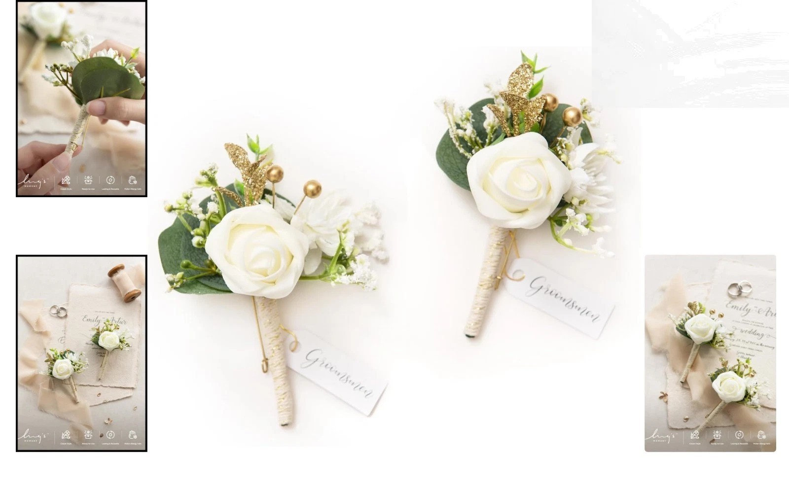 2pcs White Baby Breath Boutonniere Set – Perfect for Weddings, Proms, & More