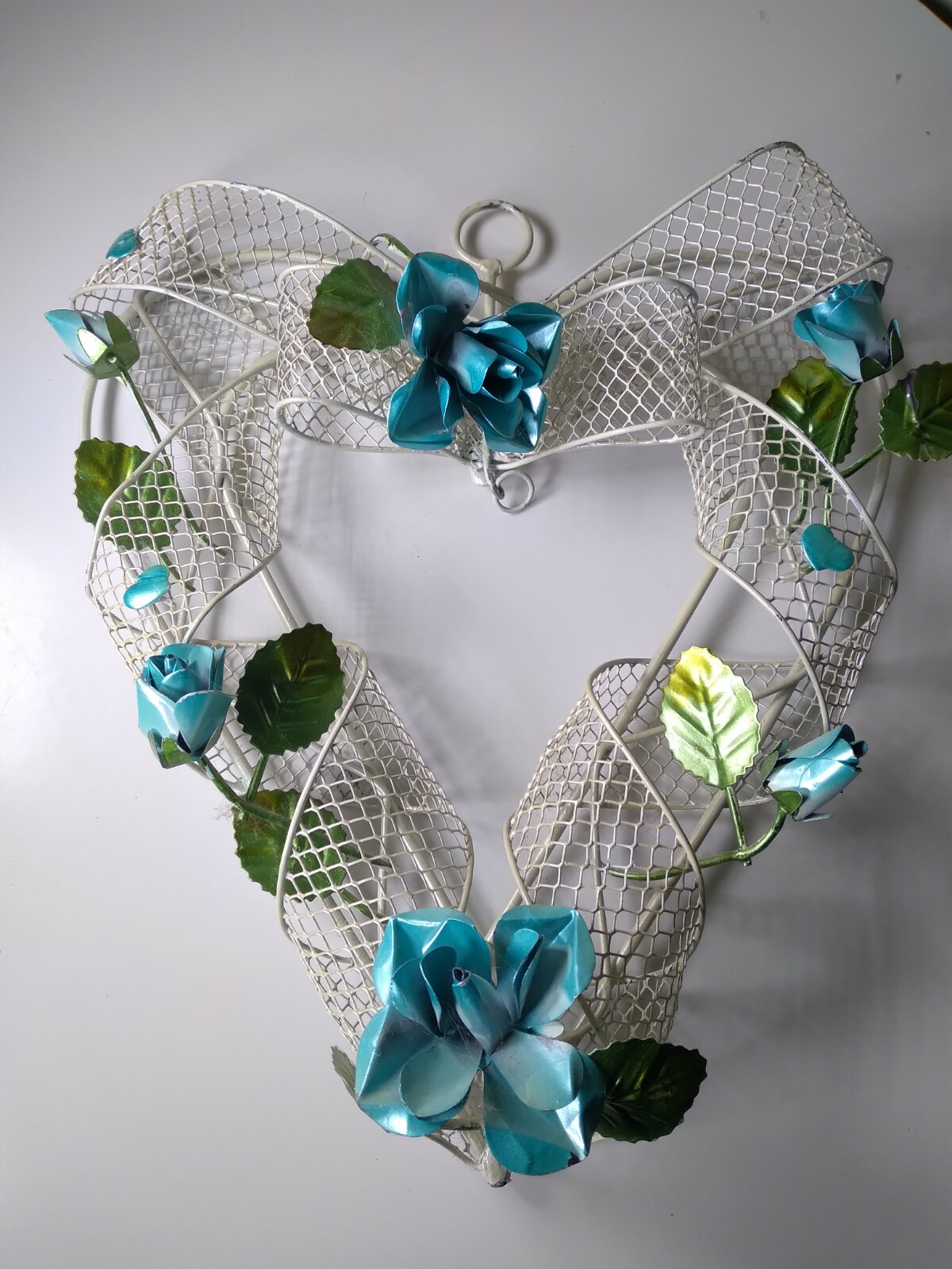 Antique Handmade Metal Wire Heart Shaped Wreath w/ Roses & Bow Wall Decor RARE