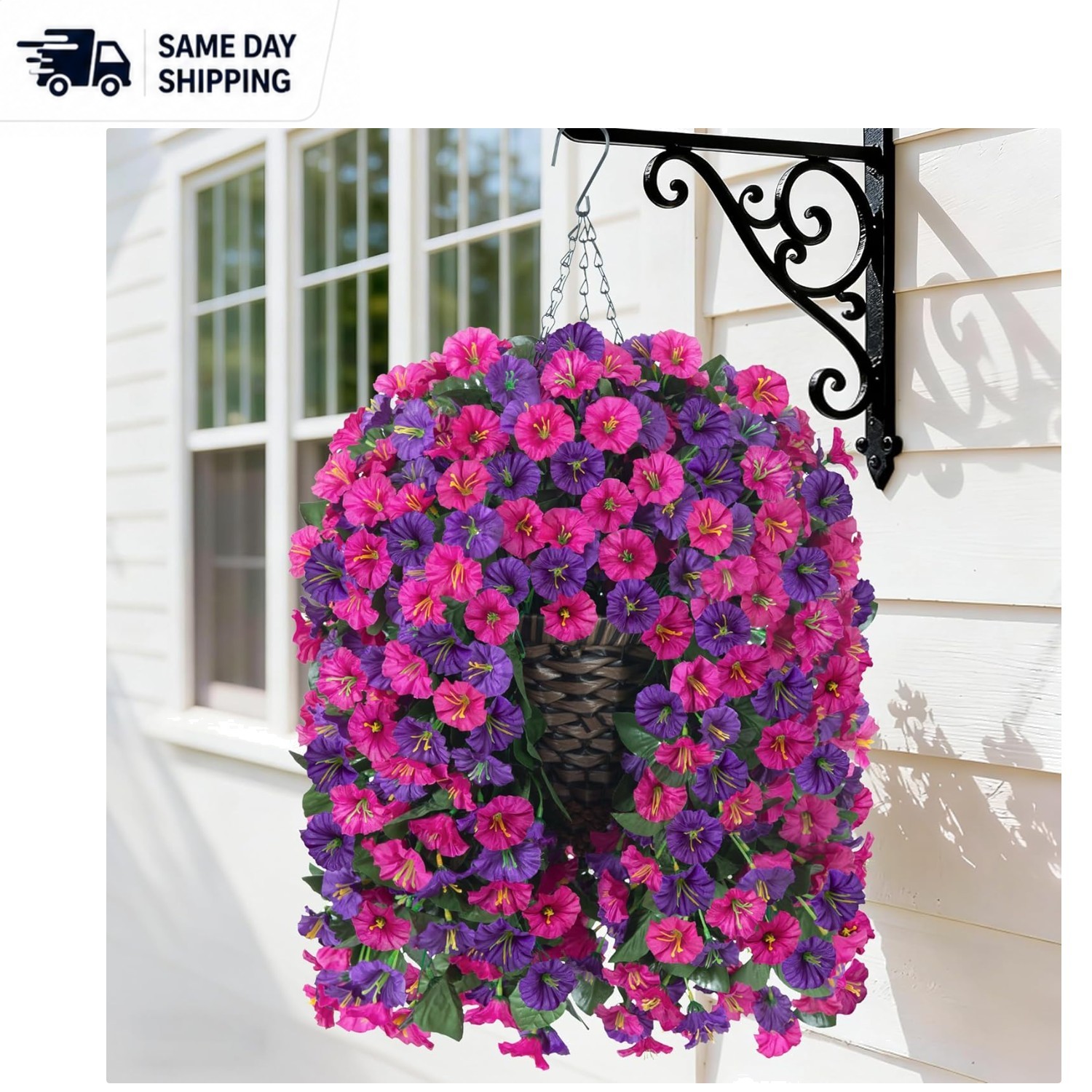 Elegant UV Resistant Faux Silk Hanging Flowers in Rattan Basket – Indoor/Outdoor