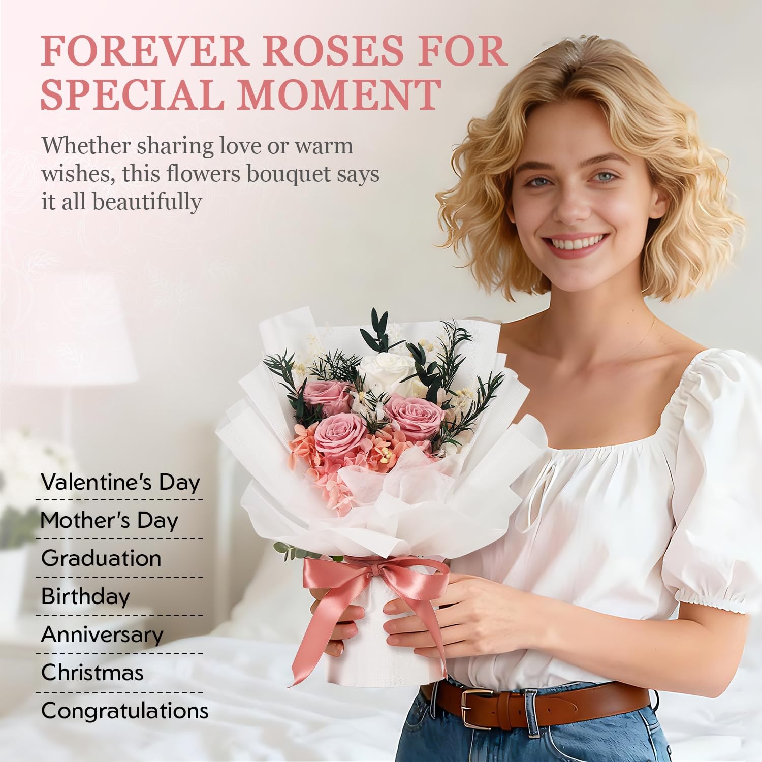 Preserved Flowers Bouquet Pink Rose Gift For Her Mom Grandma Anniversary