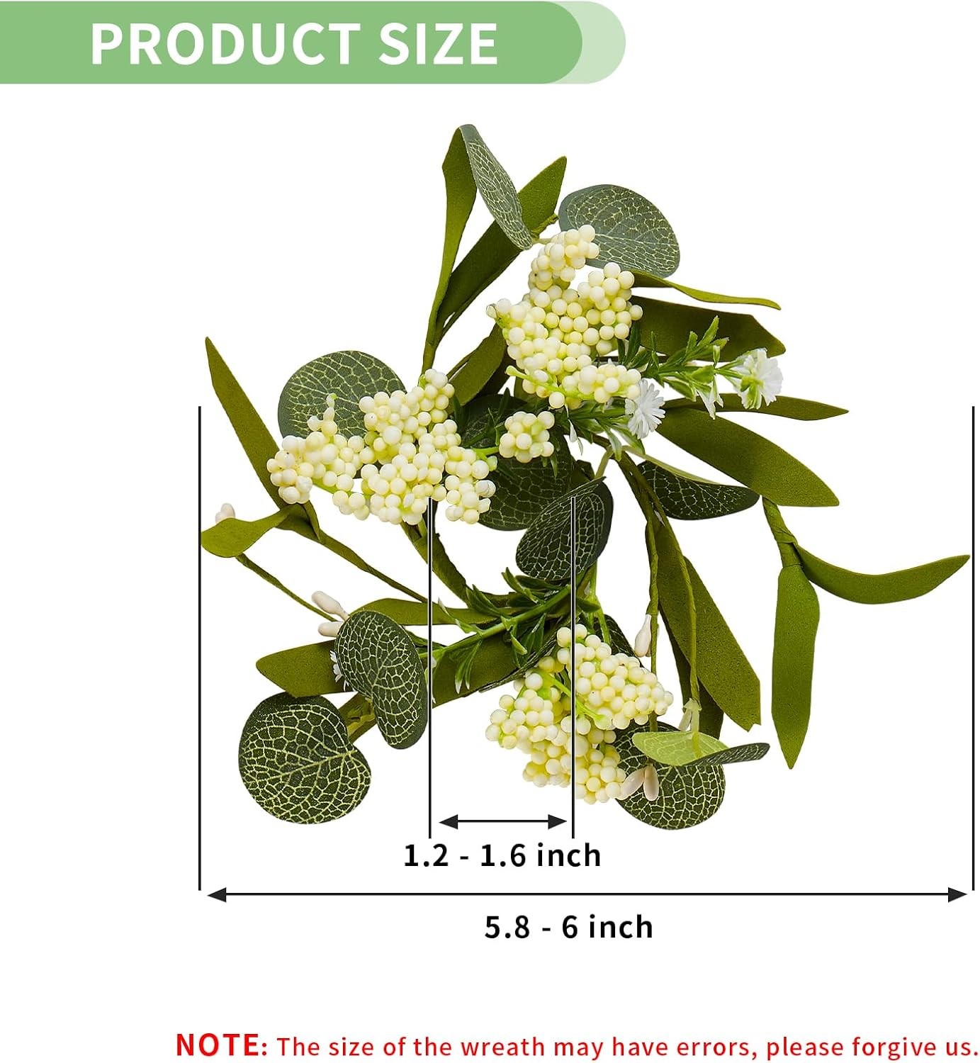 4 PCS Eucalyptus Taper Candle Rings Wreaths White Berry 1.38″ Mini Spring Summer