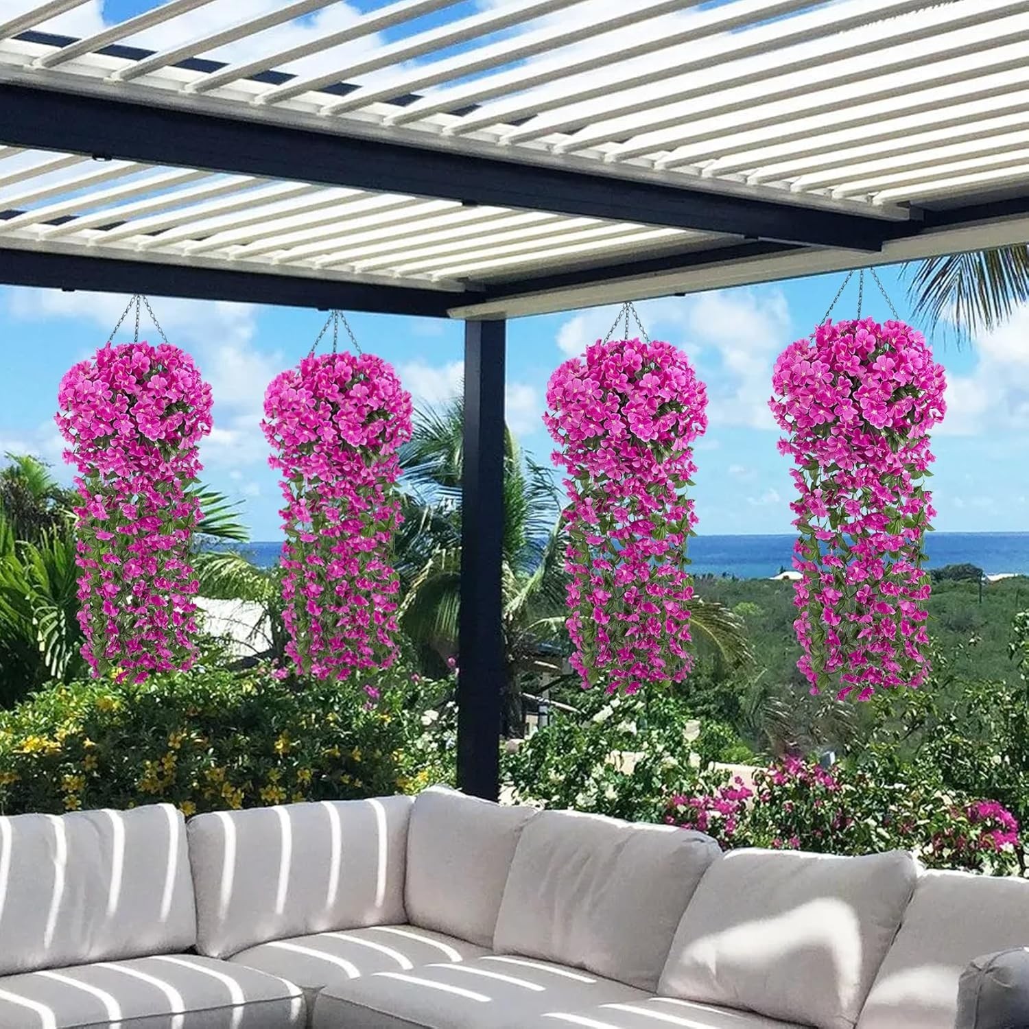 4 Pcs Artificial Hanging Violet Flowers, Fuchsia | Look real fake hanging plants