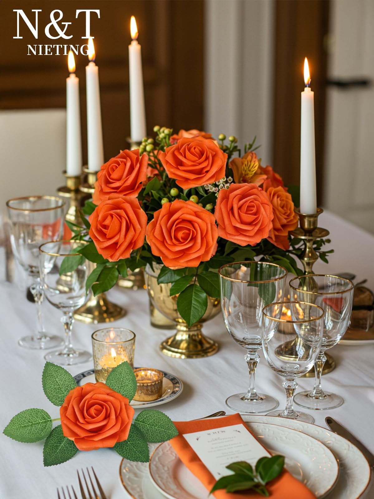 25 PCS Artificial Fall Orange Roses Flowers Wedding Bouquet Centerpiece Decor