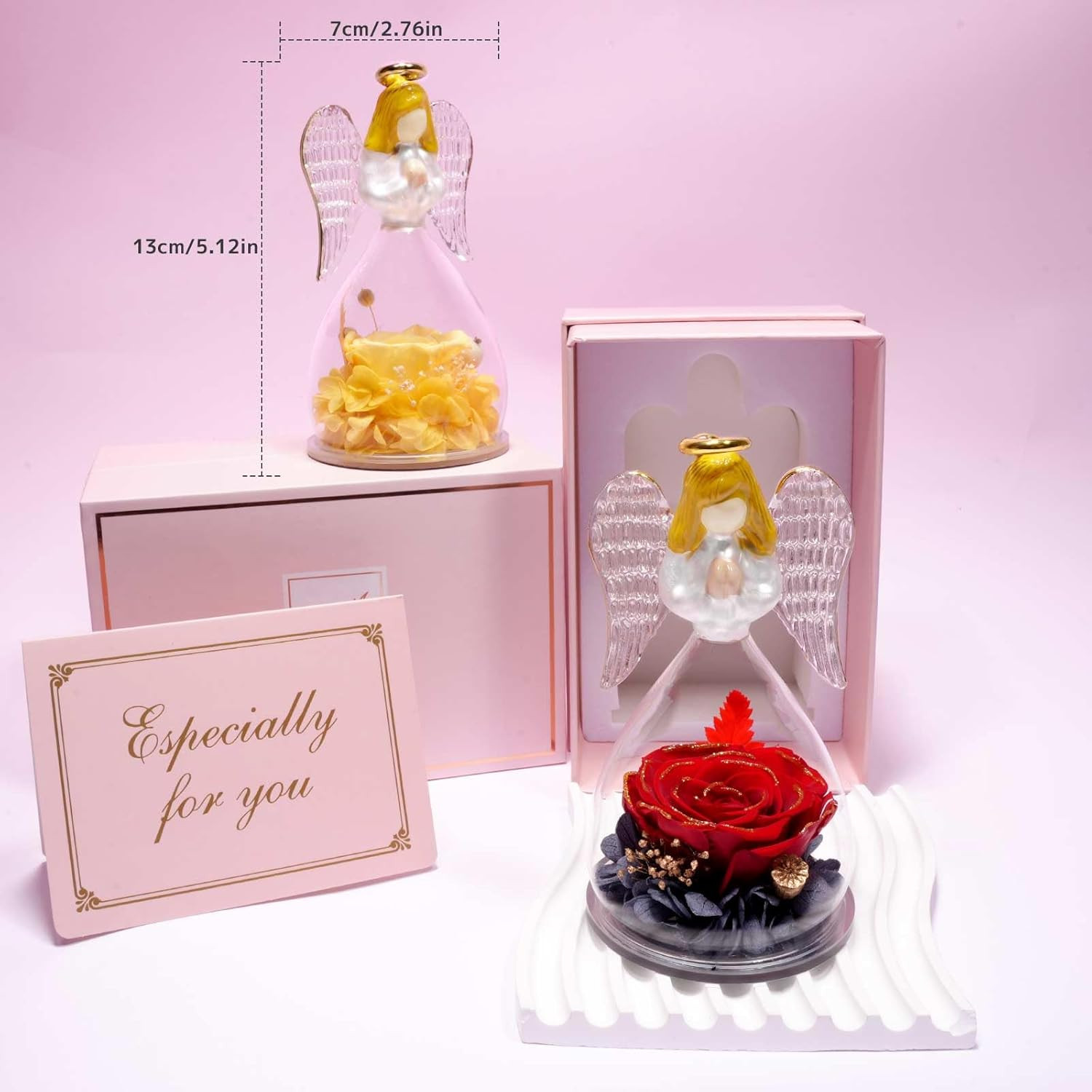 Preserved Flowers Rose Birthday Gifts for Women Mom in Glass Angel Figurines, Mo