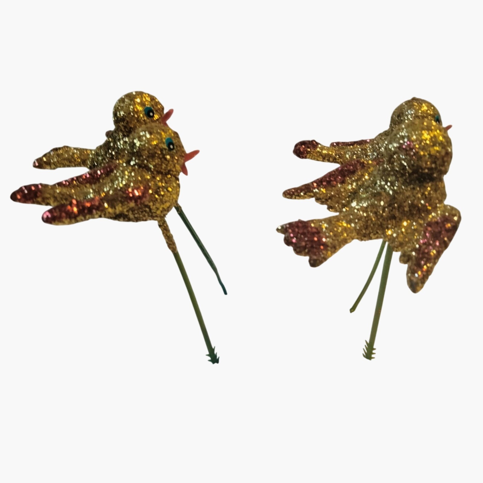 Glitter Gold Bird Ornament Green Wire Stem Decoration Crafting Lot 4