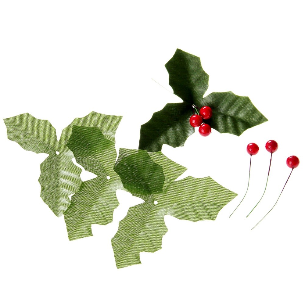 50pcs Dark Red Holly Berries + 50pcs Green Artifical Leaves 2 in 1 Home Decor
