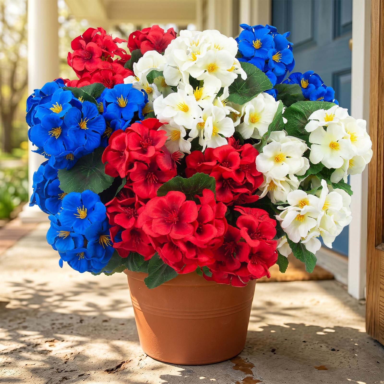 Hananona 6 Pcs Artificial Geranium Flowers for Outdoors Redwhiteblue