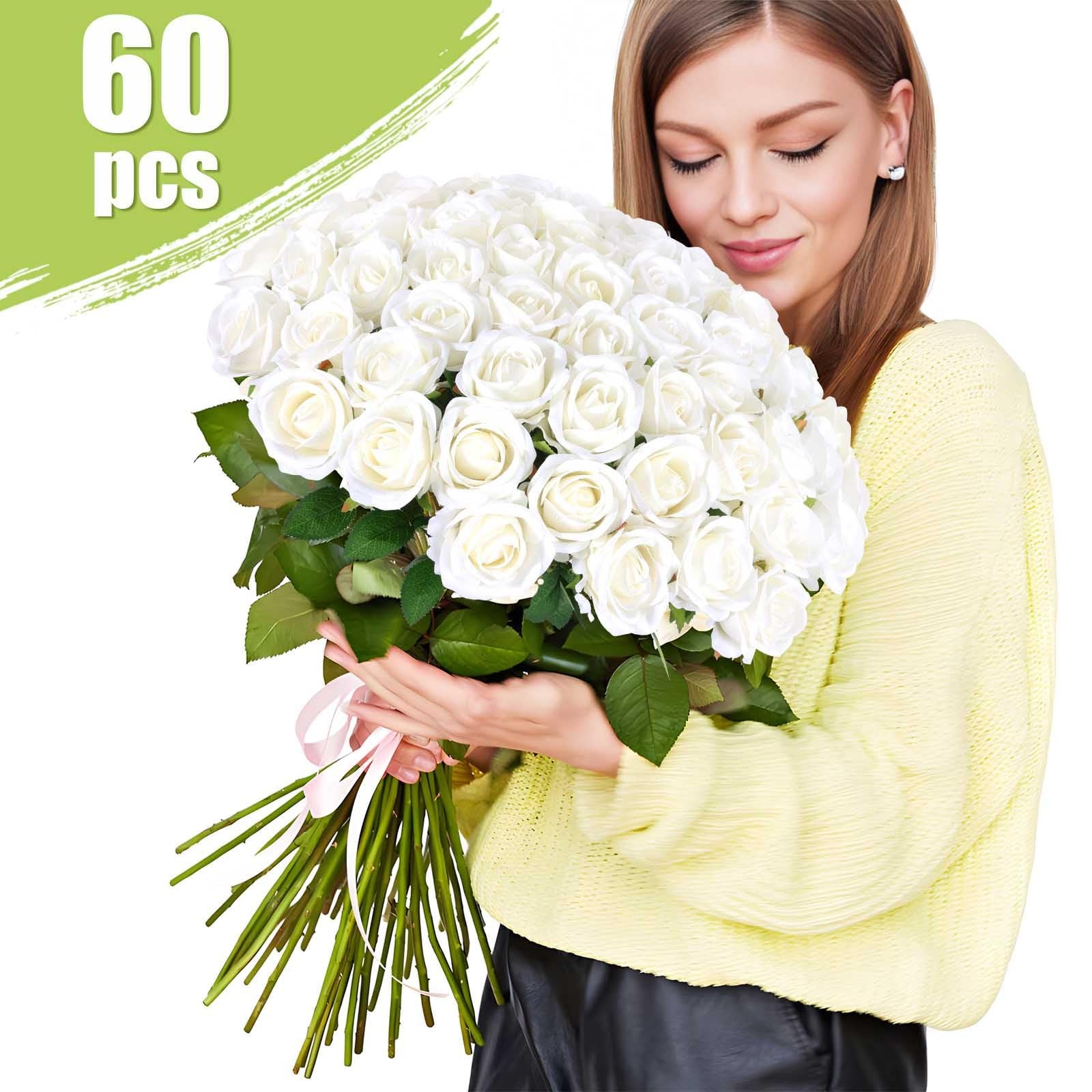 Artificial Roses 60 Pcs Silk Velvet White for Wedding Centerpieces – Home Decor