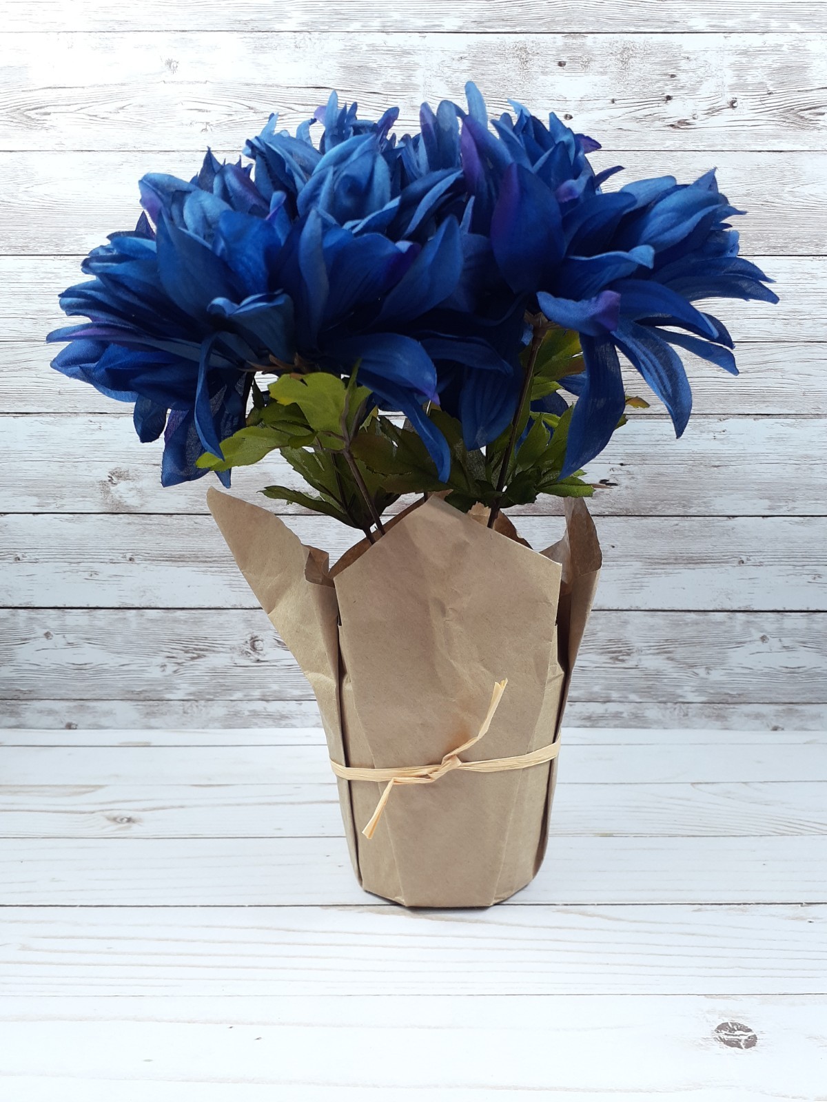 Ashland Fall Potted Faux Flowers Floral Dark Blue Mum Paper Wrapped
