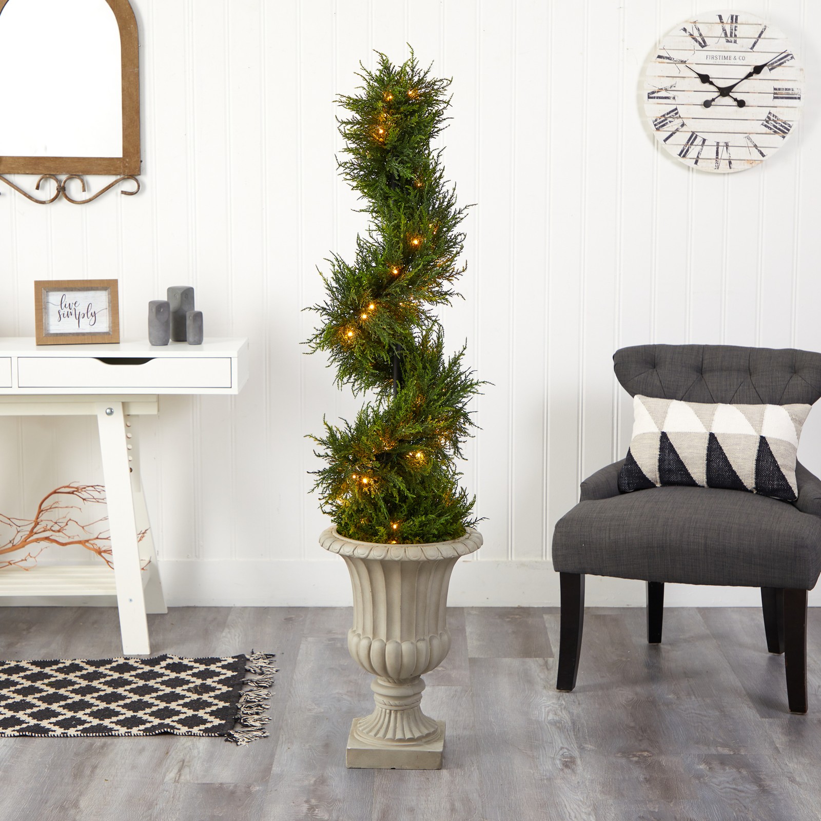 Nearly Natural 5ft Spiral Cypress Tree in Sand Finished Urn w/ 80 Clear LED