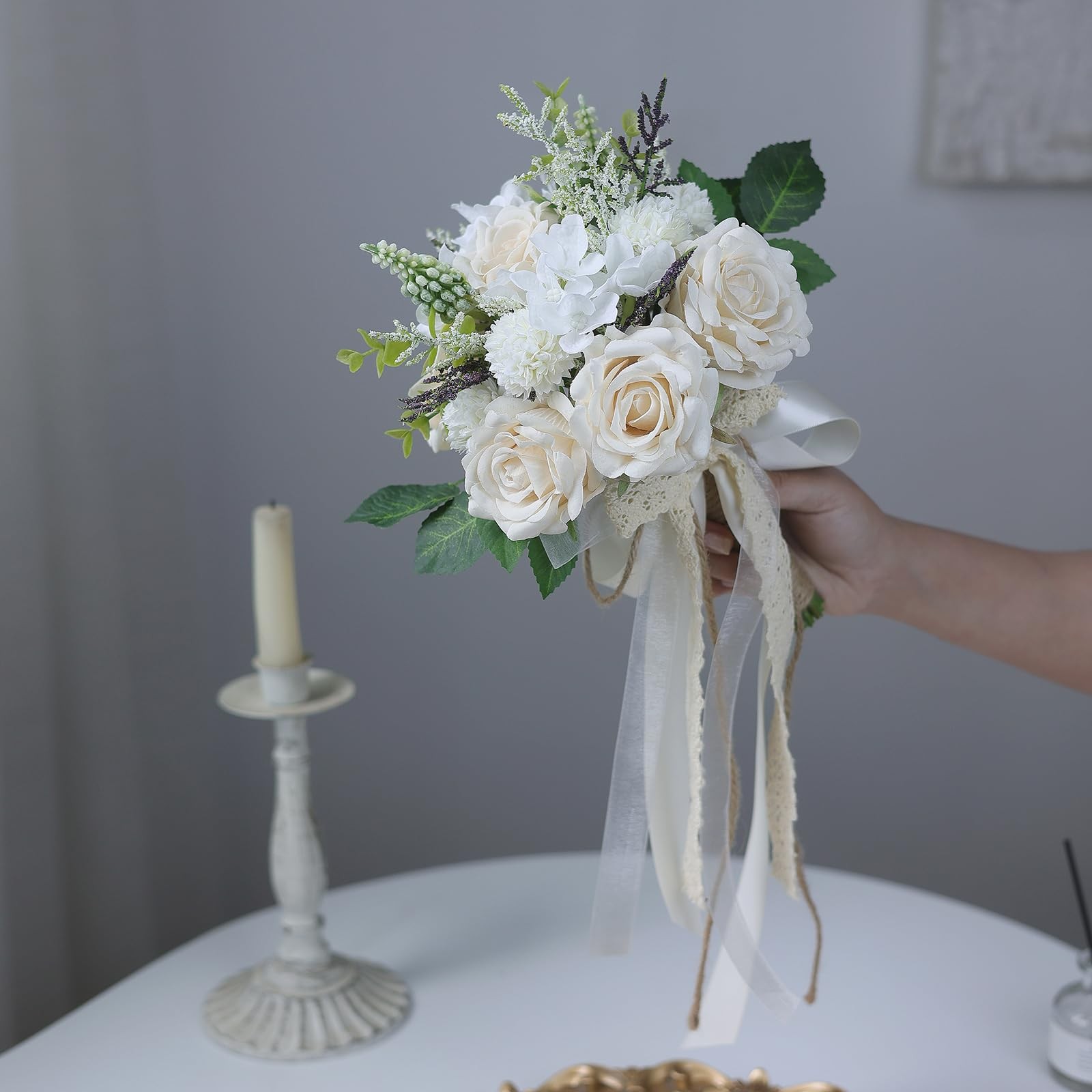 Wedding Bouquets for Bride Bridesmaid,White Champagne Artificial Roses Flower…
