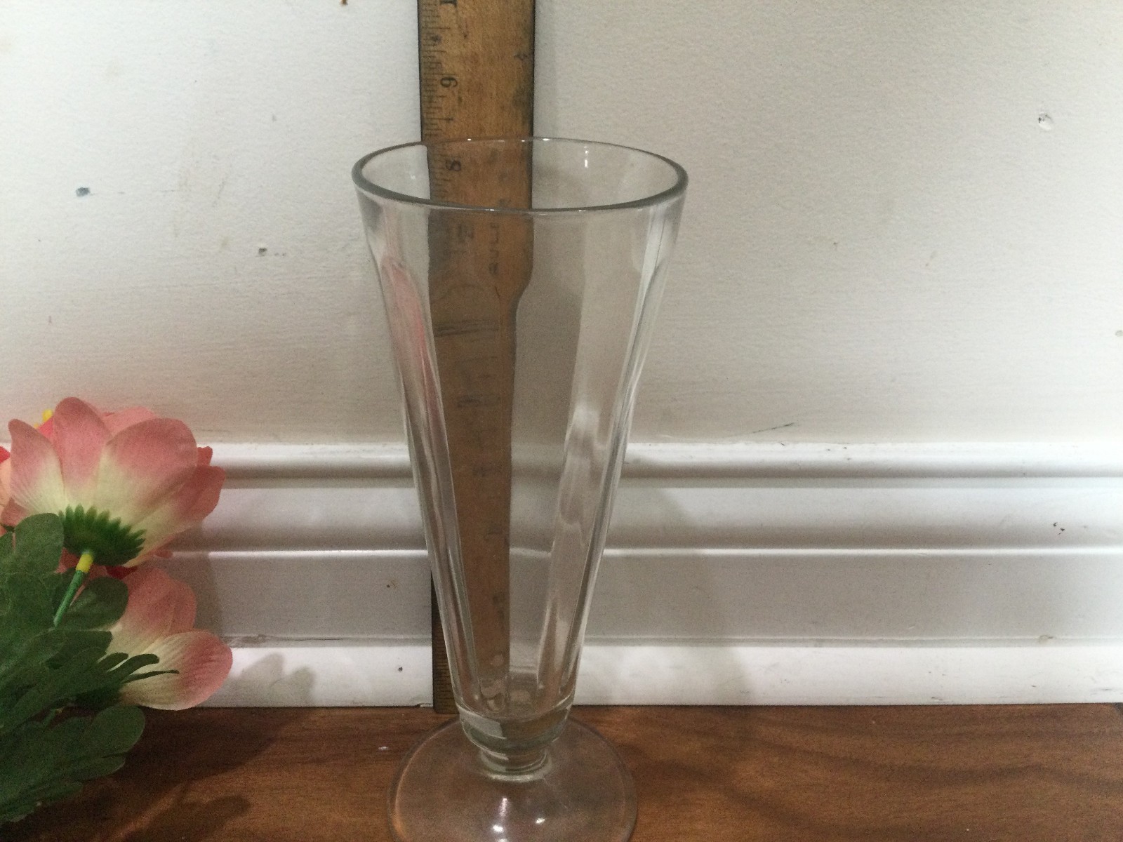 vintage floral arrangement faux flowers silk in a pedestal glass lilies pink