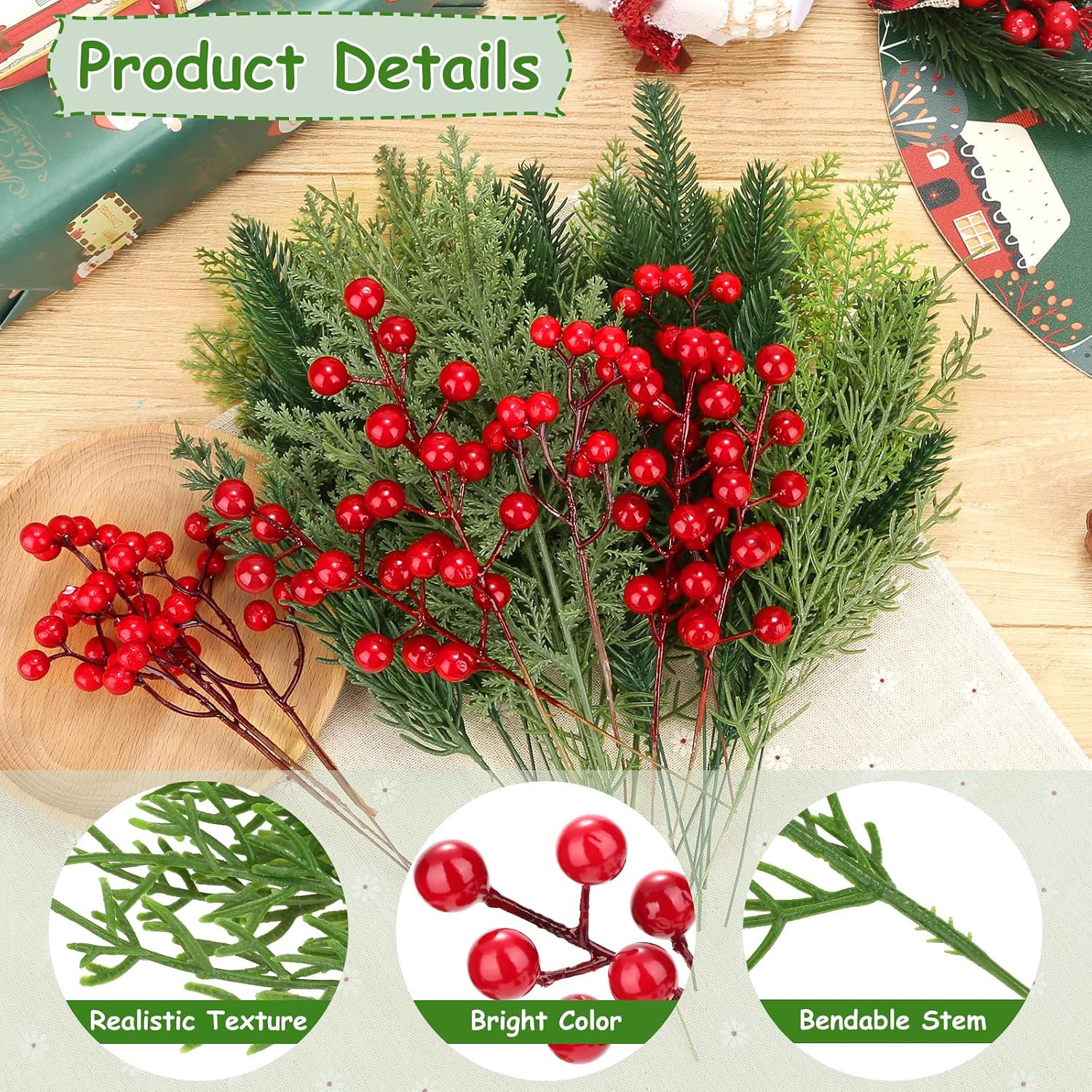 70 PCS Artificial Pine Branches with Berries, Christmas Greenery Fake Pine Needl