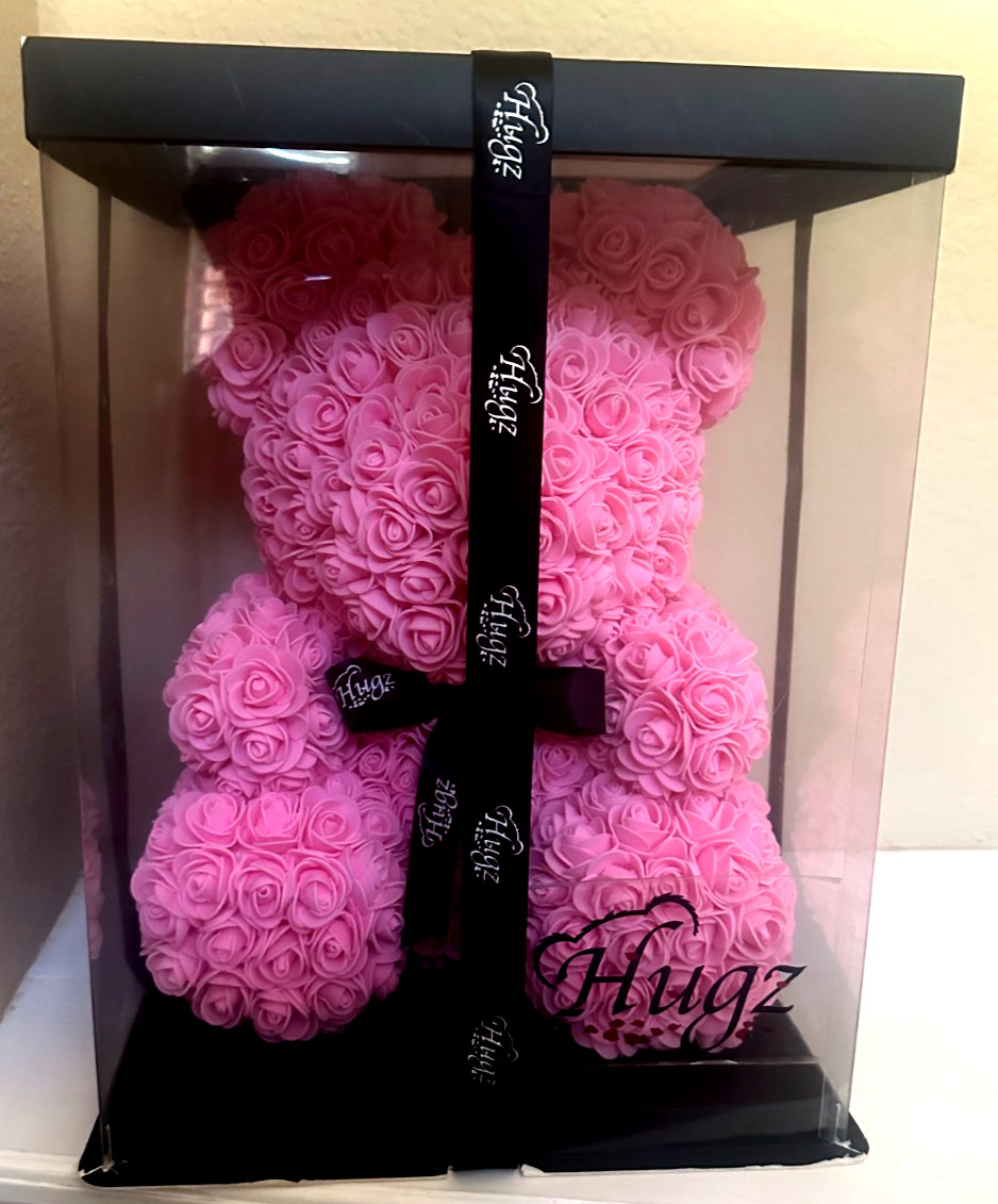 Rose Teddy Bear 14″ Pink Artificial Flower Bear in Display Gift Box