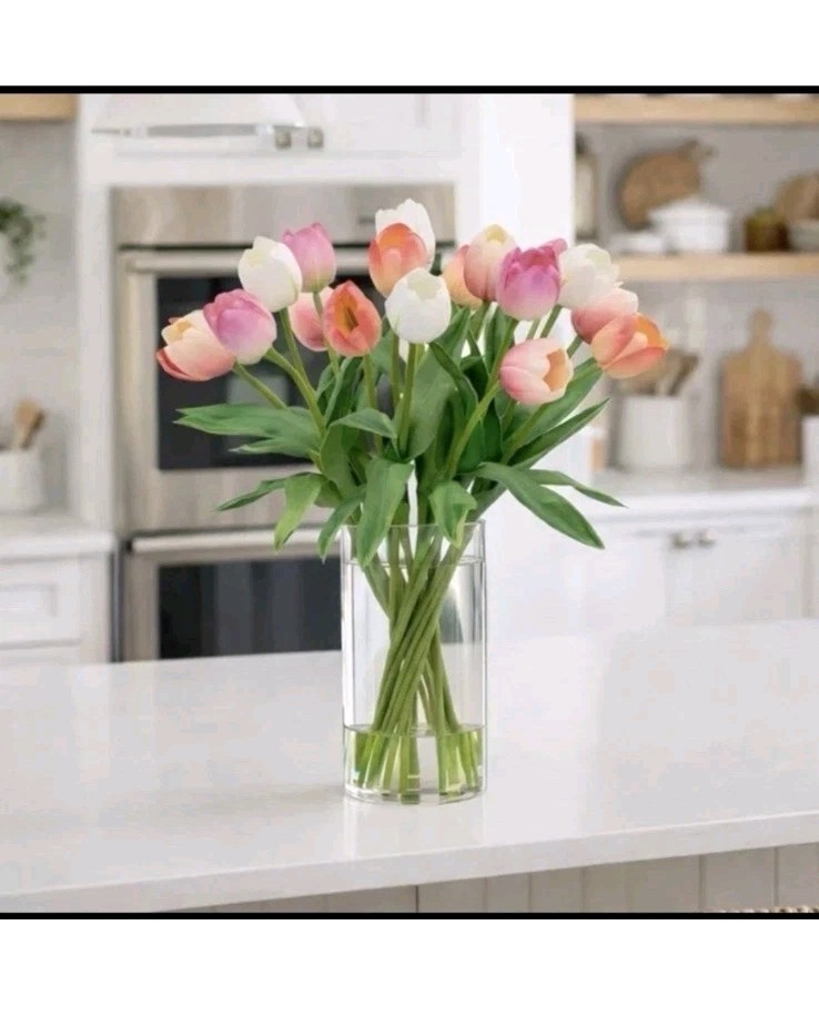 TULIPS FAKE ARTIFICIAL FLOWER FLORAL ARRANGEMENT SILK FLOWERS CERAMIC VASE NEW