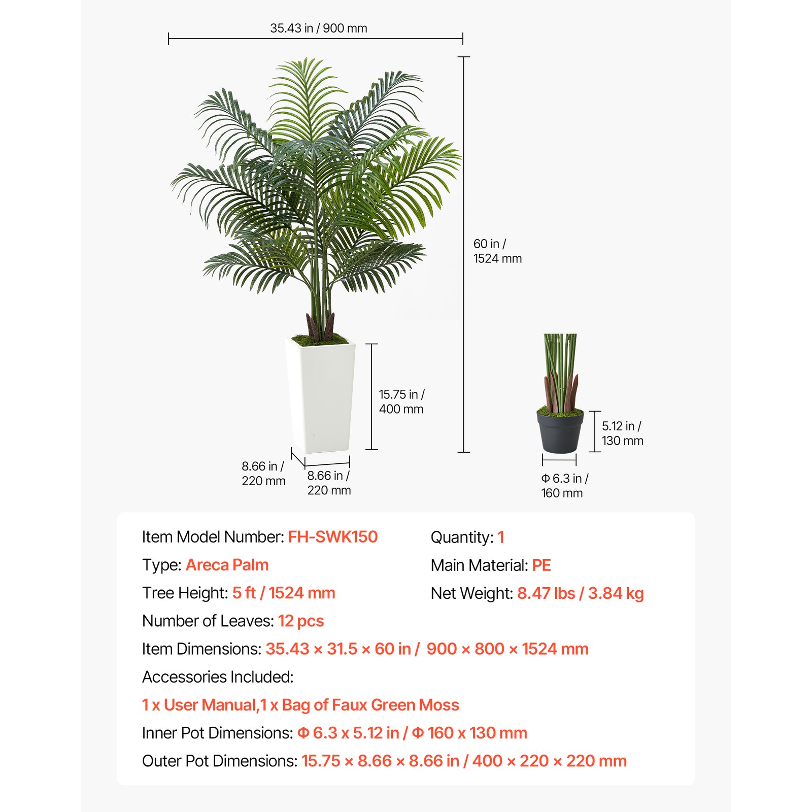 Uimoso 5ft Faux Areca Palm Tree in Pot for Indoor Home and Office Decoration