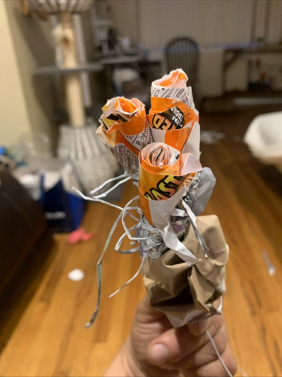 Three Rose Stems w/orange Rose Buds Made From •Gold Fish Snack Cover Wrap W Love
