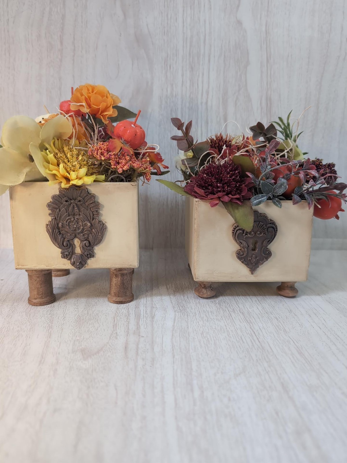 Set of 2 Handmade Fall Floral Centerpieces Rustic Farmhouse Wood Planter Decor