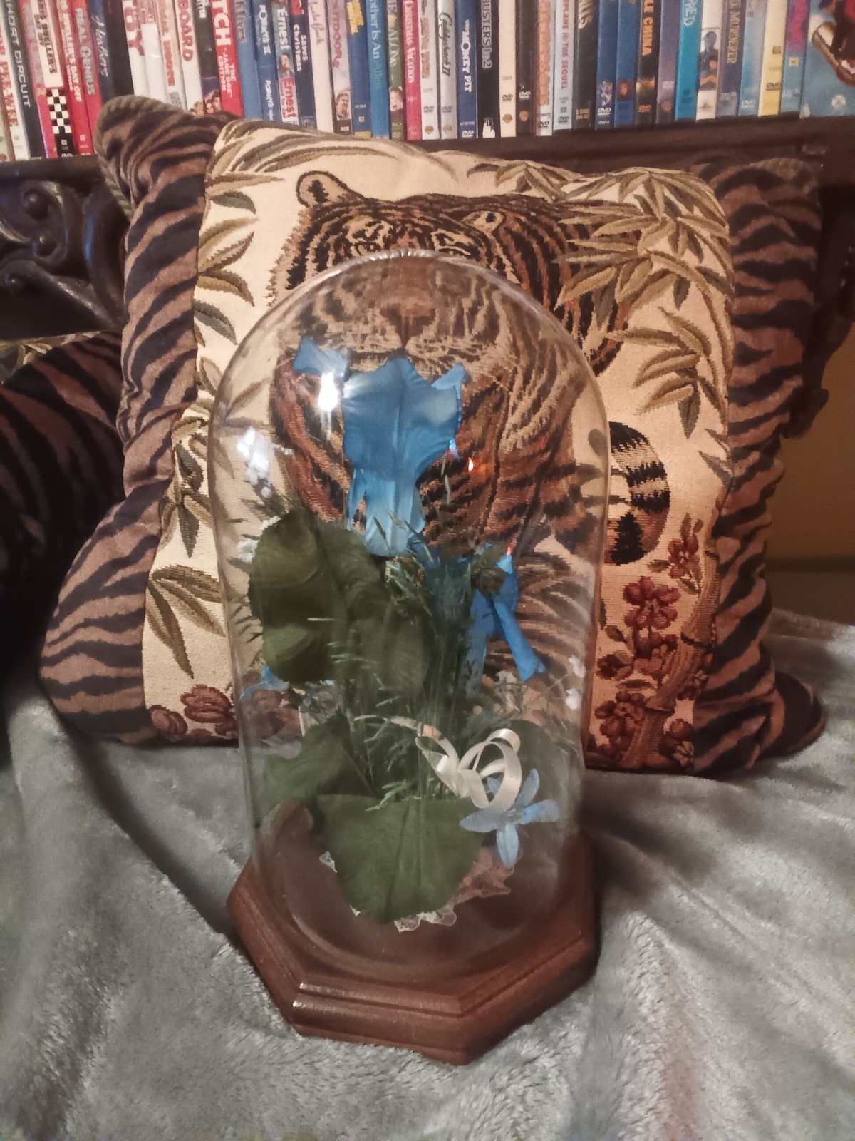 Glass dome blue,green and white artificial flower arrangement,wood base.