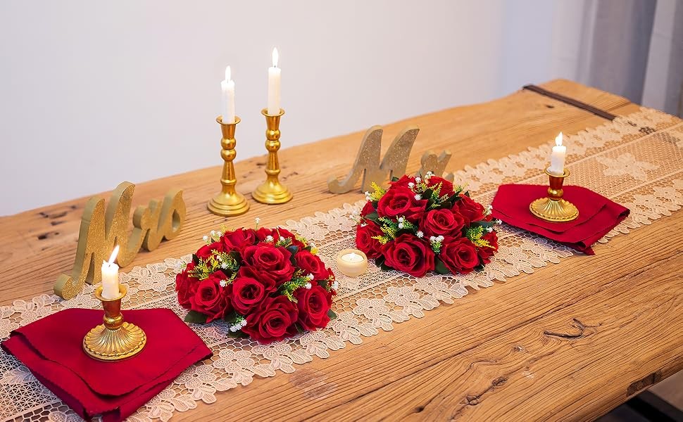 Flower Centerpieces for Tables Wedding: 10 Pcs Crimson Red Artificial Rose