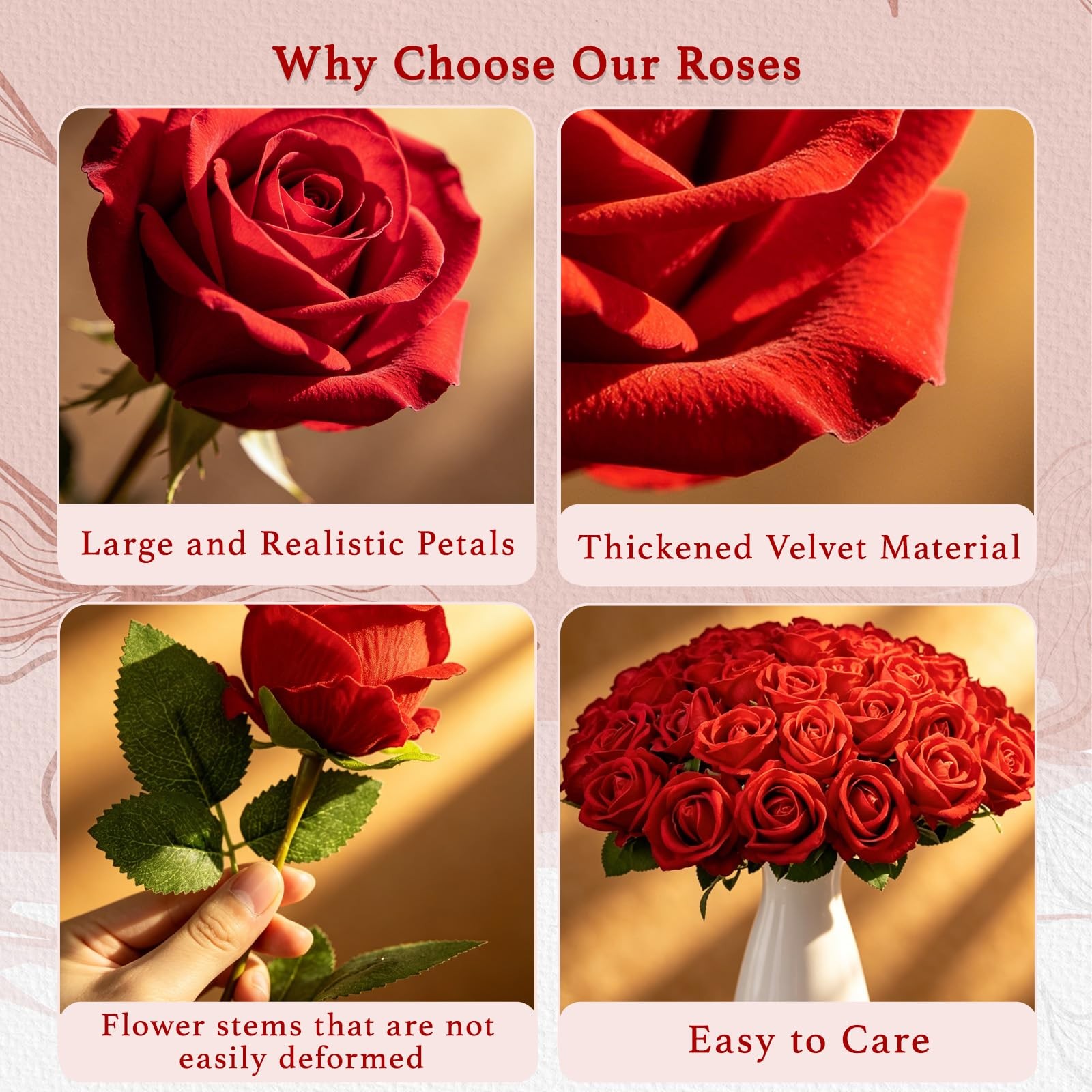 50 Pcs Red Roses Artificial Flowers, Fake Velvet Silk Rose Bulk Faux Flower, …