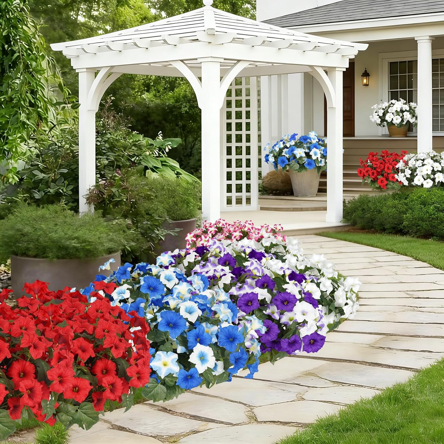 UV Resistant Faux Morning Glory Flowers for Outdoor Decor – 12 Purple-White
