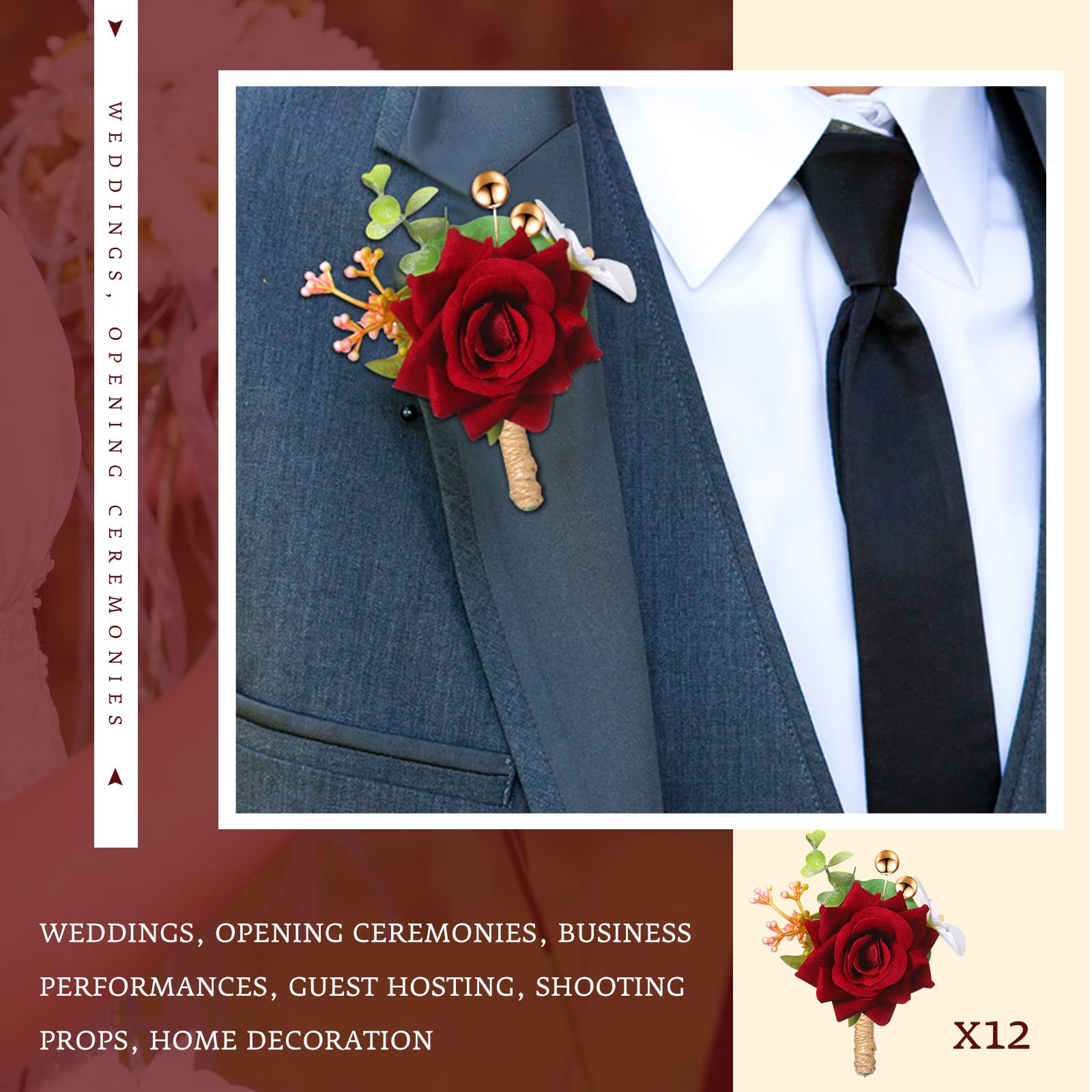12 Pcs Red Rose Burgundy Boutonniere, Fall Wedding, Corsage Set, Pin, Groom