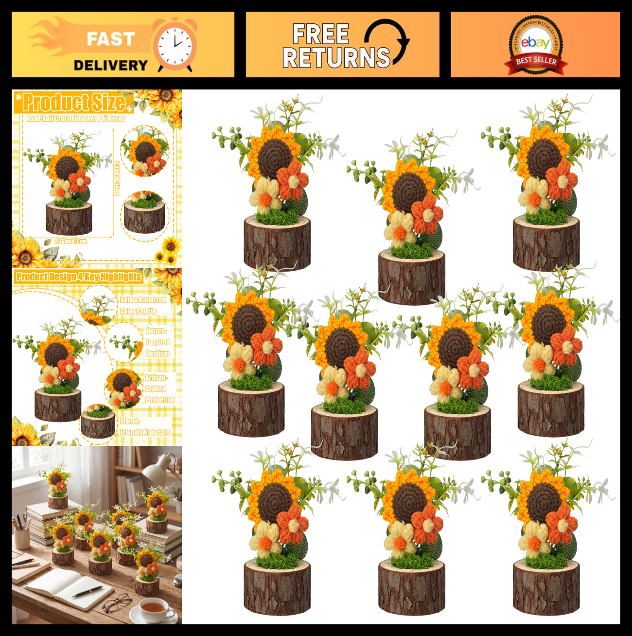 10 Pcs Handmade Sunflower Crochet Flowers Bouquet – Summer Gift, Mini Floral Dec