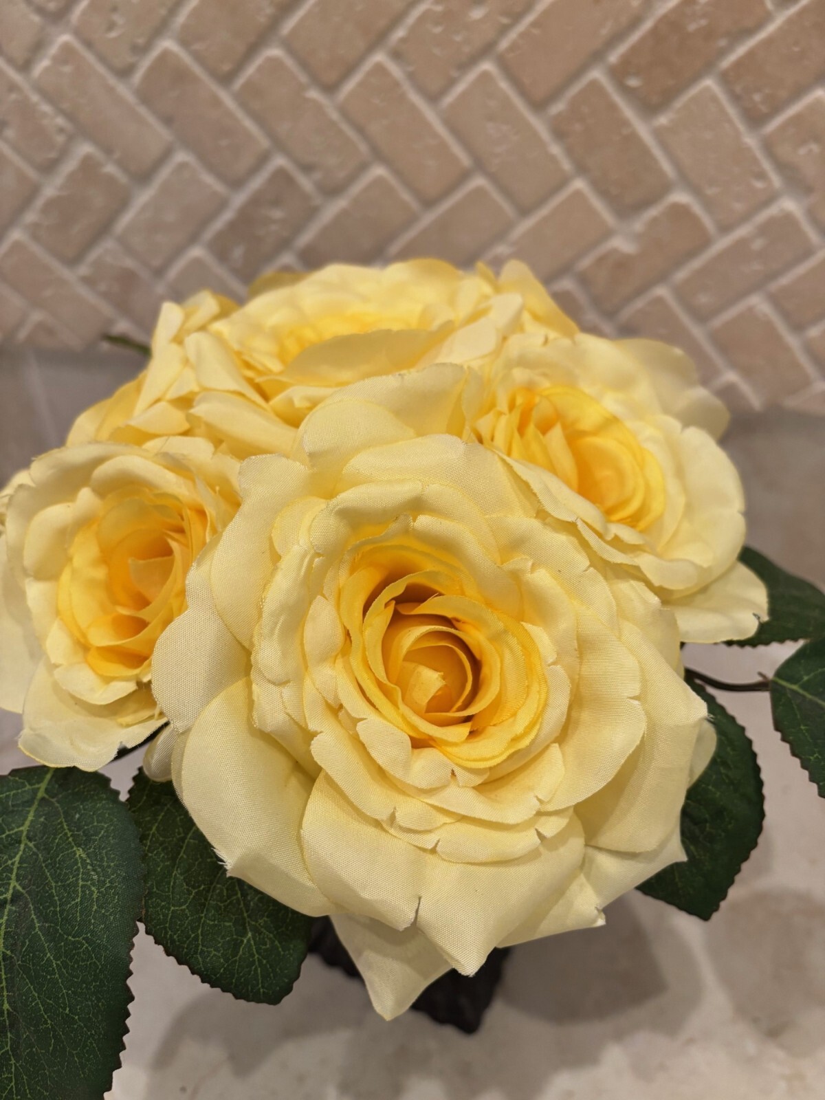 Silk Yellow Roses Faux Flower Arrangement Bronze Pedestal Metal Vase