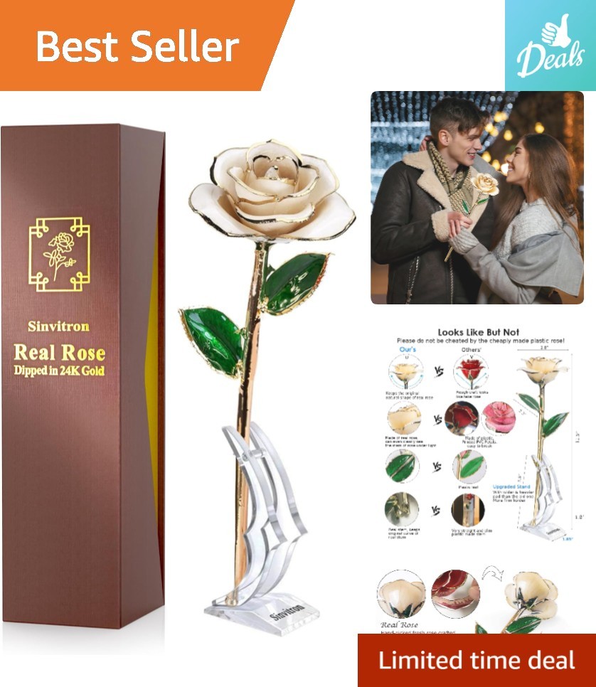 Ivory White Gold Dipped Rose – Eternal Flower for Anniversaries & Birthdays