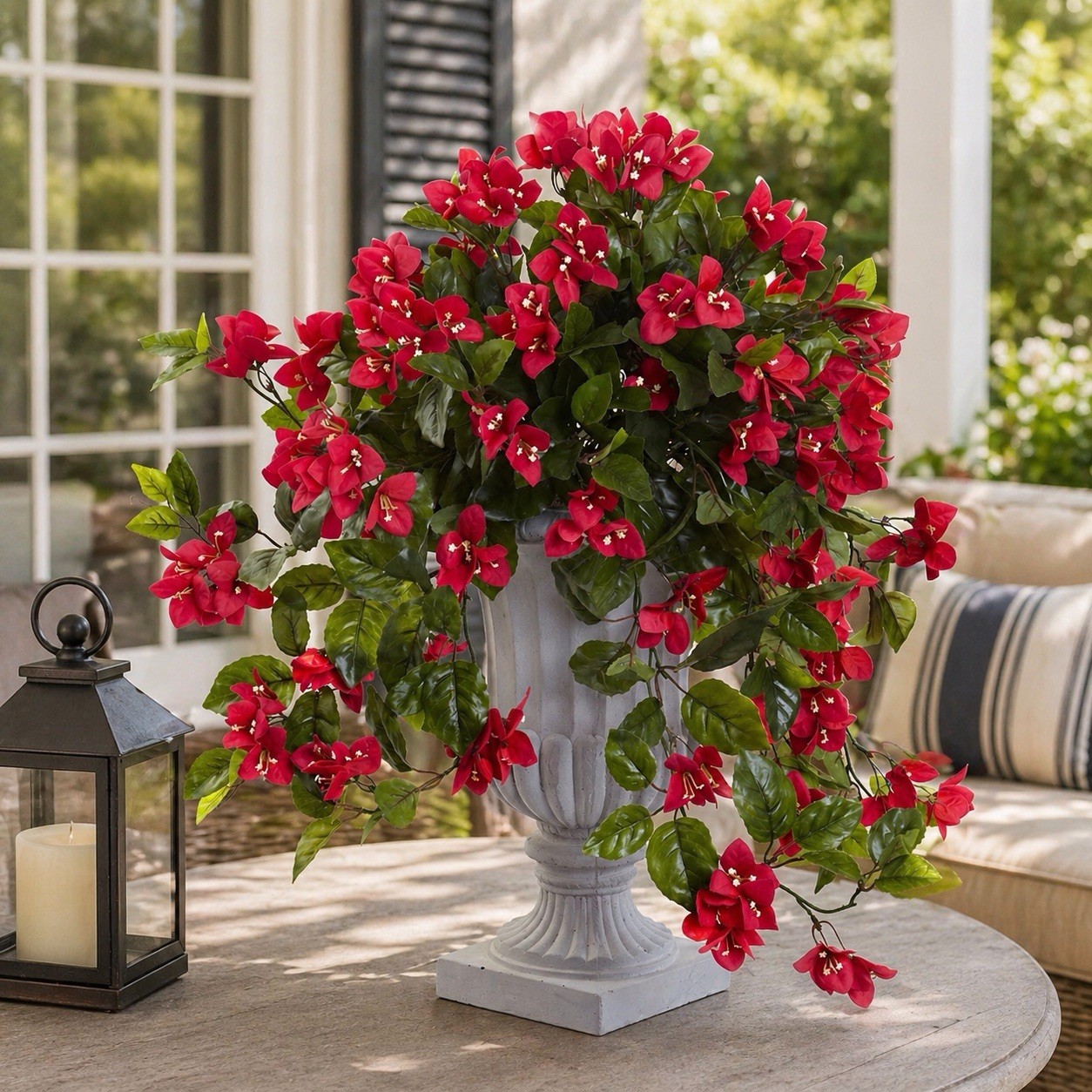 Artificial Bougainvillea Arrangement in Urn Vase, Red/Green Floral Decor