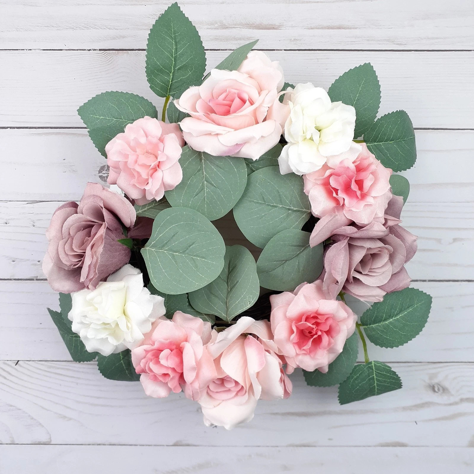 Candle Ring Wreath Pink Rose Flowers Floral 5″ inside 10″ Overall