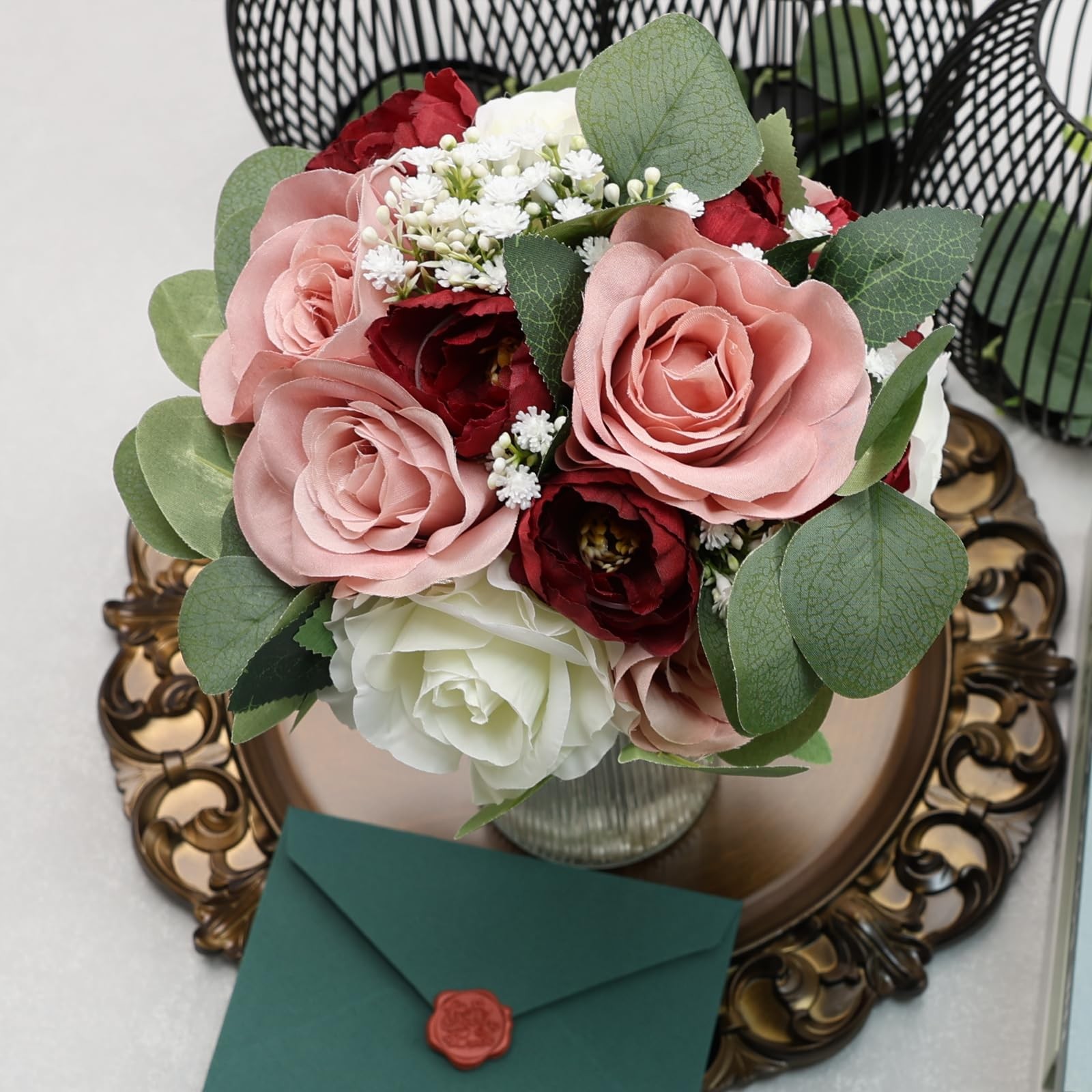 11 Inch Dusty Pink & Burgundy Silk Rose Peony Bridesmaid Bouquets Decor