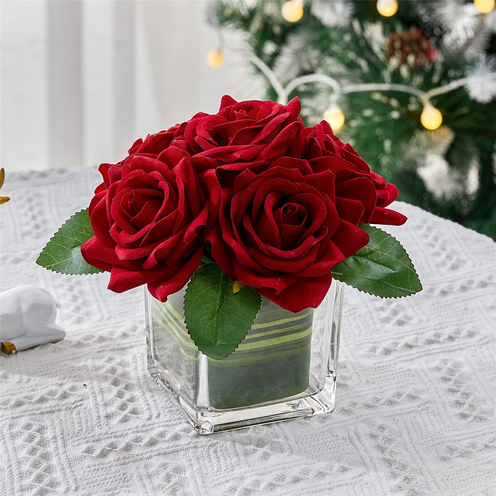 Artificial Velvet Rose Flower Centerpiece Burgundy Arrangement in Vase