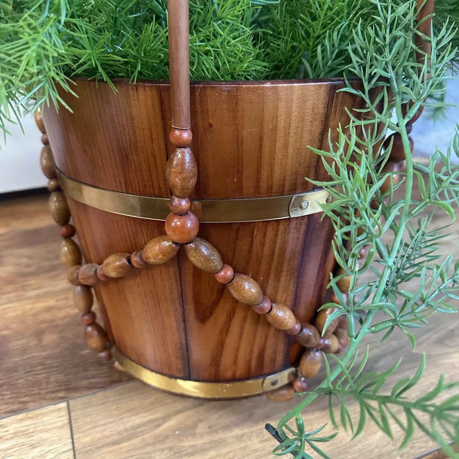 Vintage MCM 70’s Gorgeous Faux Fern Hanging Plant with Wooden Macrame Basket